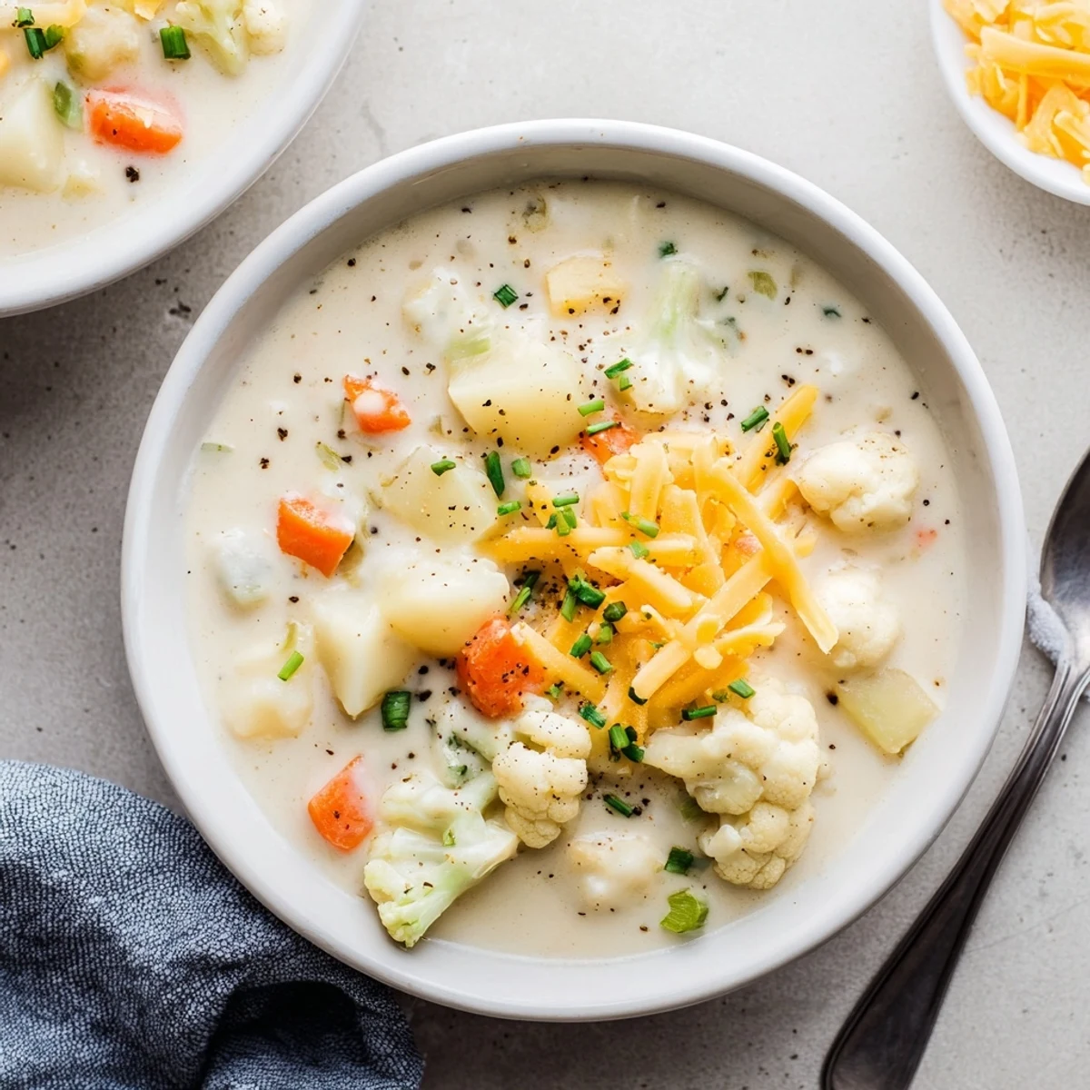 Comforting vegetarian cauliflower cheddar chowder, perfect with crusty bread on a chilly evening.