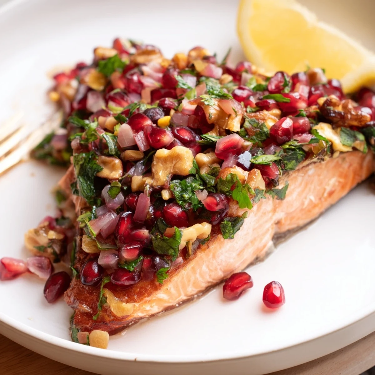 Flaky, oven-baked salmon fillet served on a white plate with a colorful salsa of pomegranate, walnuts, and herbs.