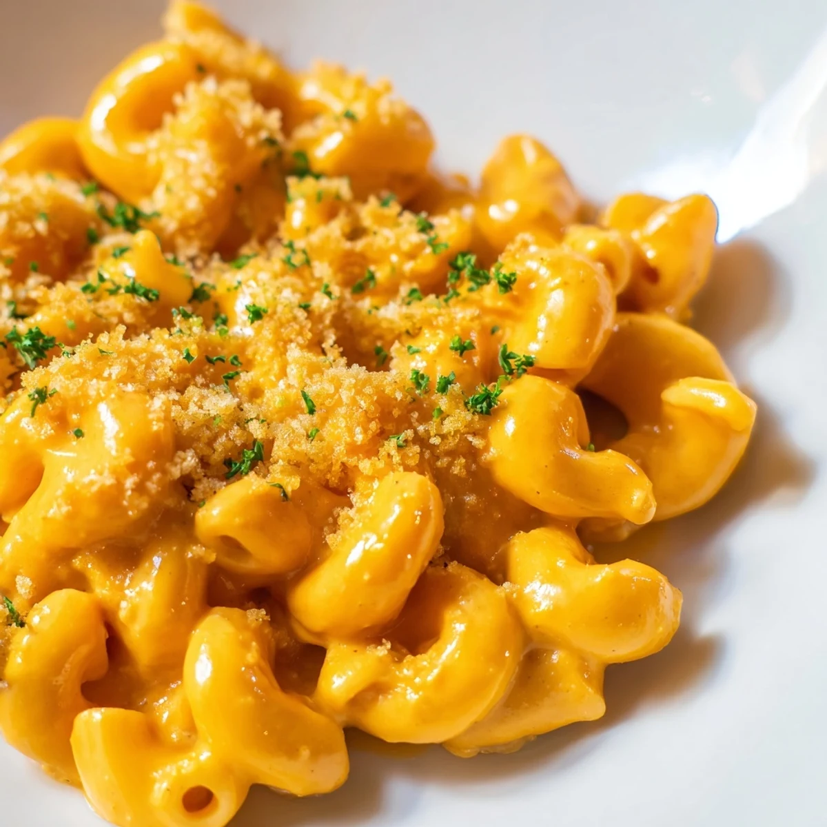 Creamy vegan butternut squash mac and cheese in a white bowl, topped with golden toasted panko breadcrumbs and fresh parsley.  