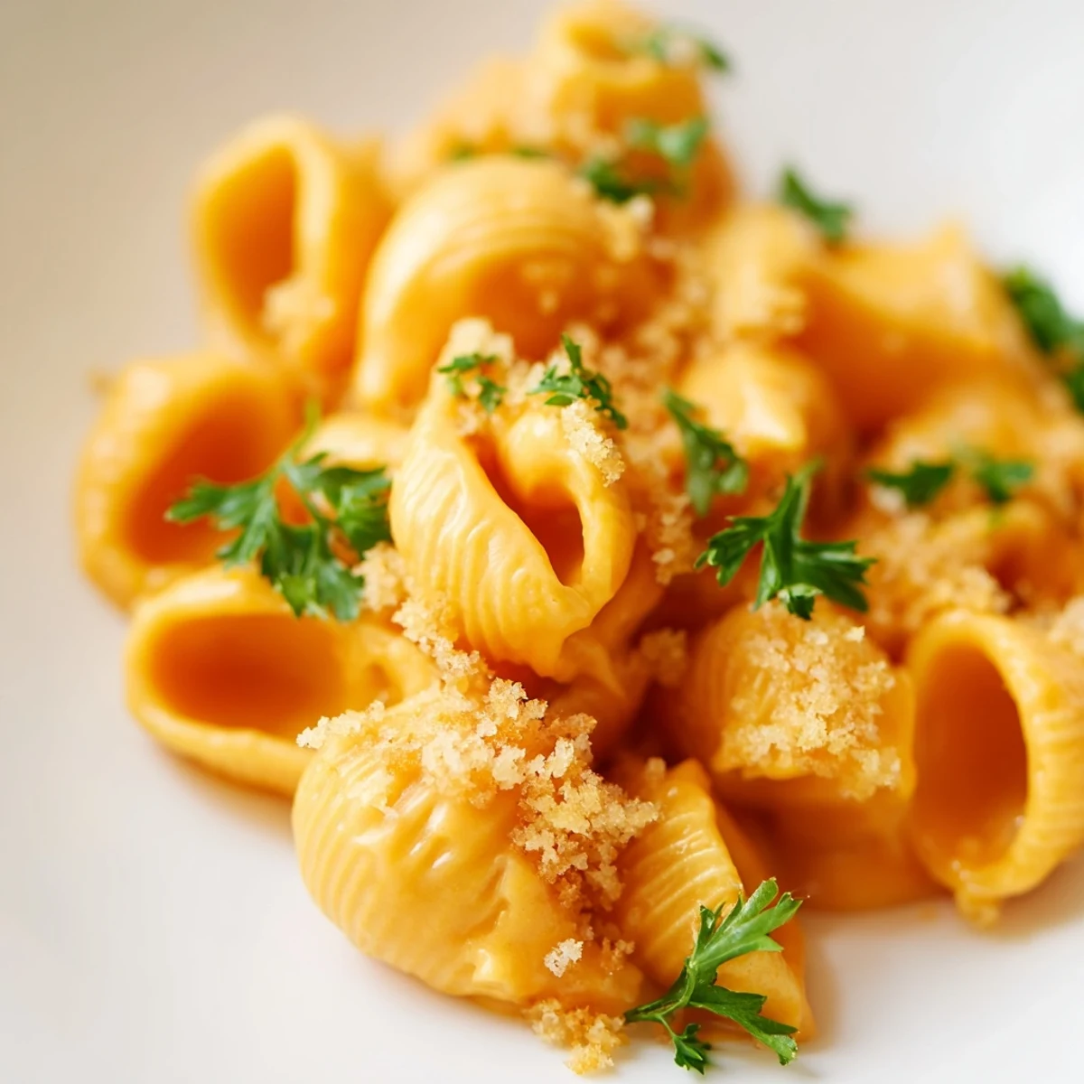 A close-up of golden vegan butternut squash mac and cheese, highlighting the creamy, vibrant orange cashew sauce and pasta.