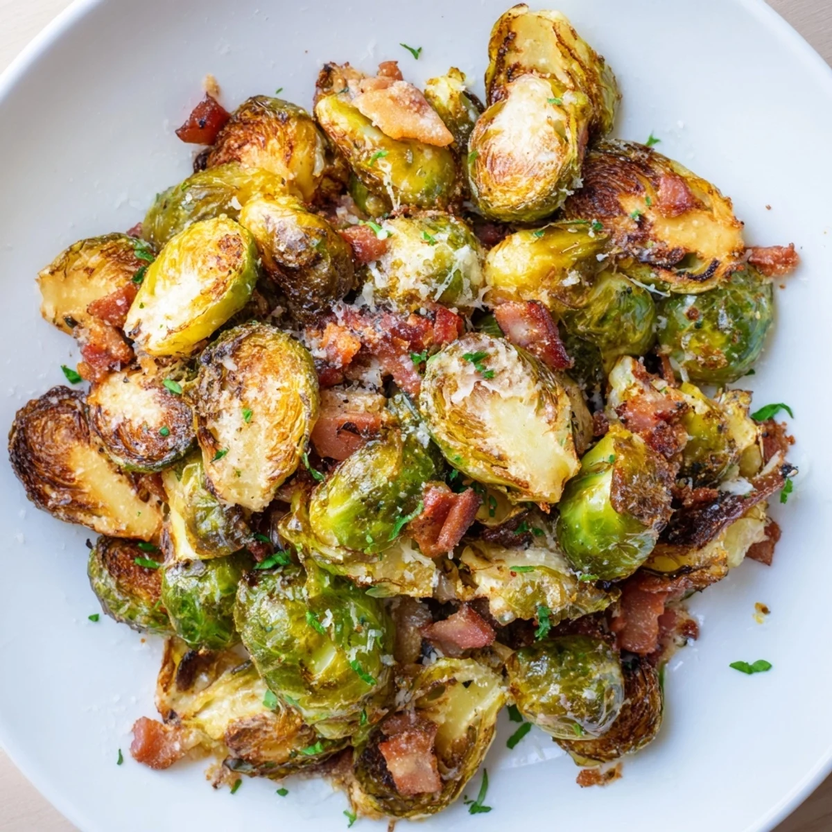 Roasted Brussels Sprouts with Turkey Bacon glistens with golden edges and crispy bits on a rustic wooden serving board.