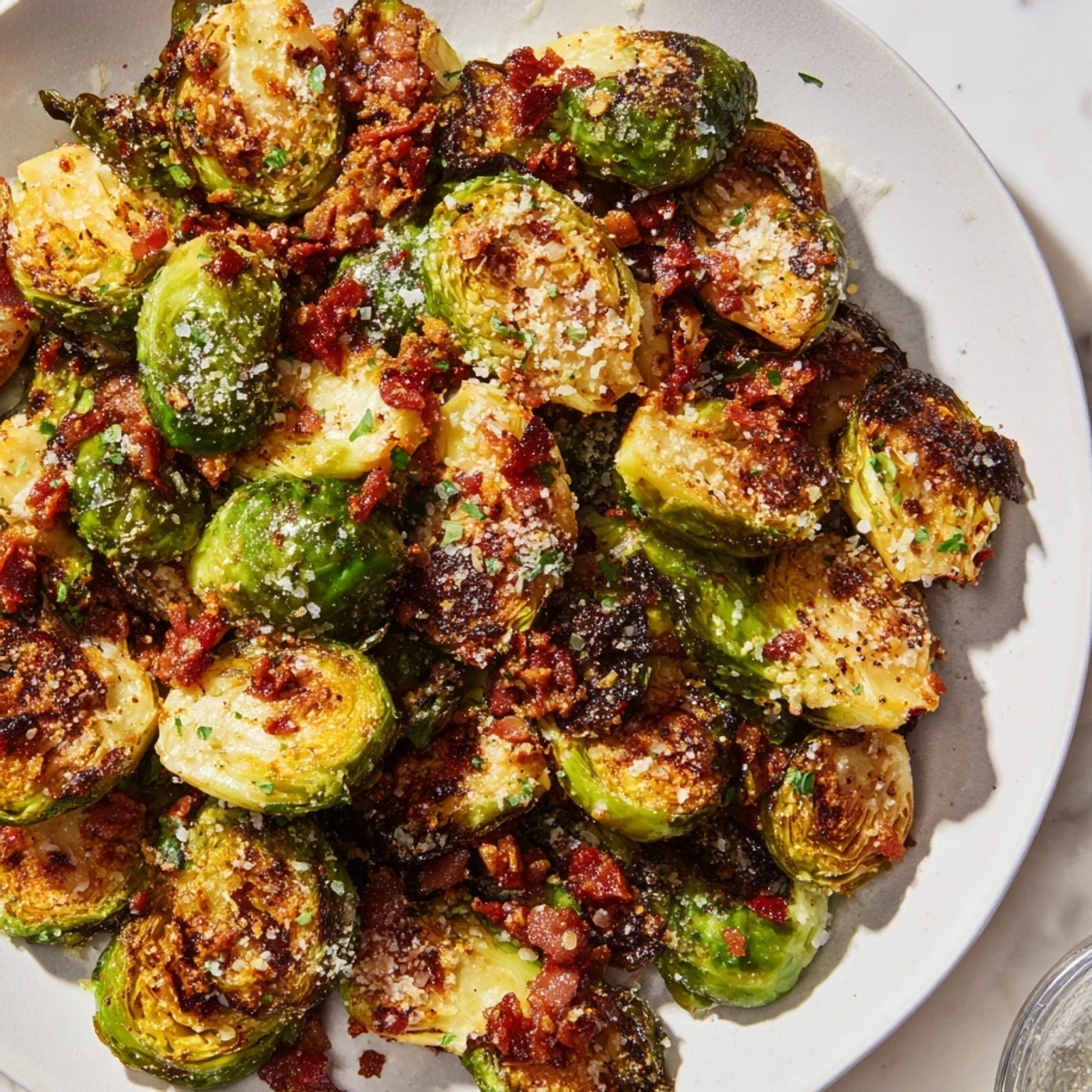 A close-up of Roasted Brussels Sprouts with Turkey Bacon highlights the caramelized sprouts and smoky turkey bacon pieces.