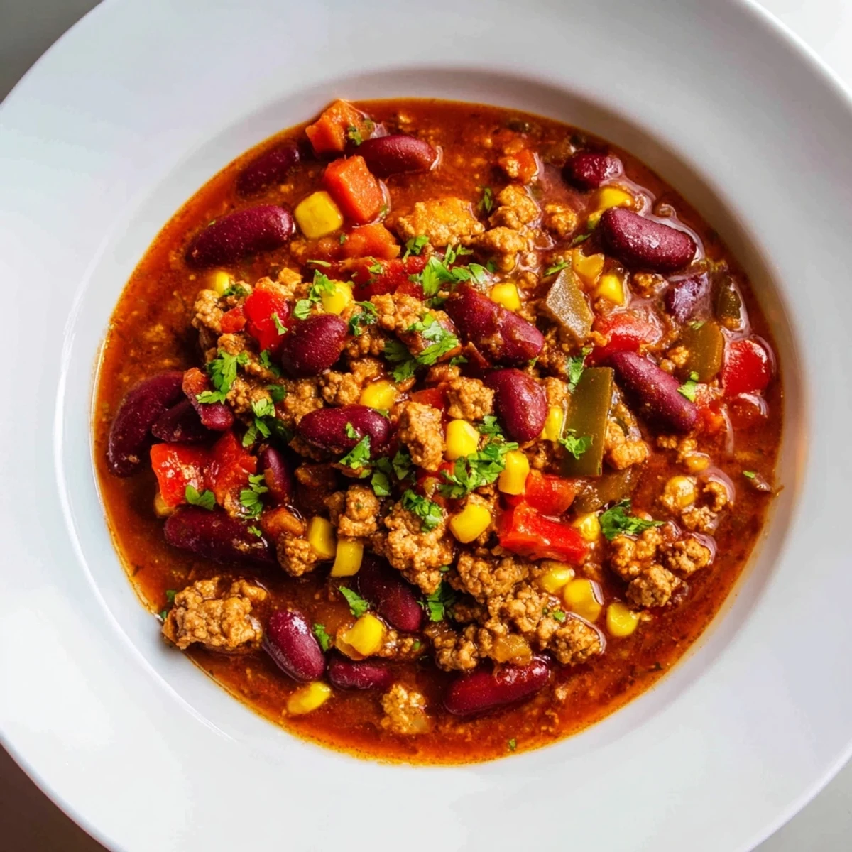 Steaming pot of Turkey Chili with Kidney Beans and Corn ready to serve.