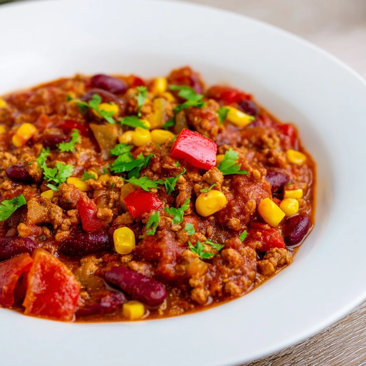 Fresh cilantro garnishes a warm bowl of Turkey Chili with Kidney Beans and Corn.