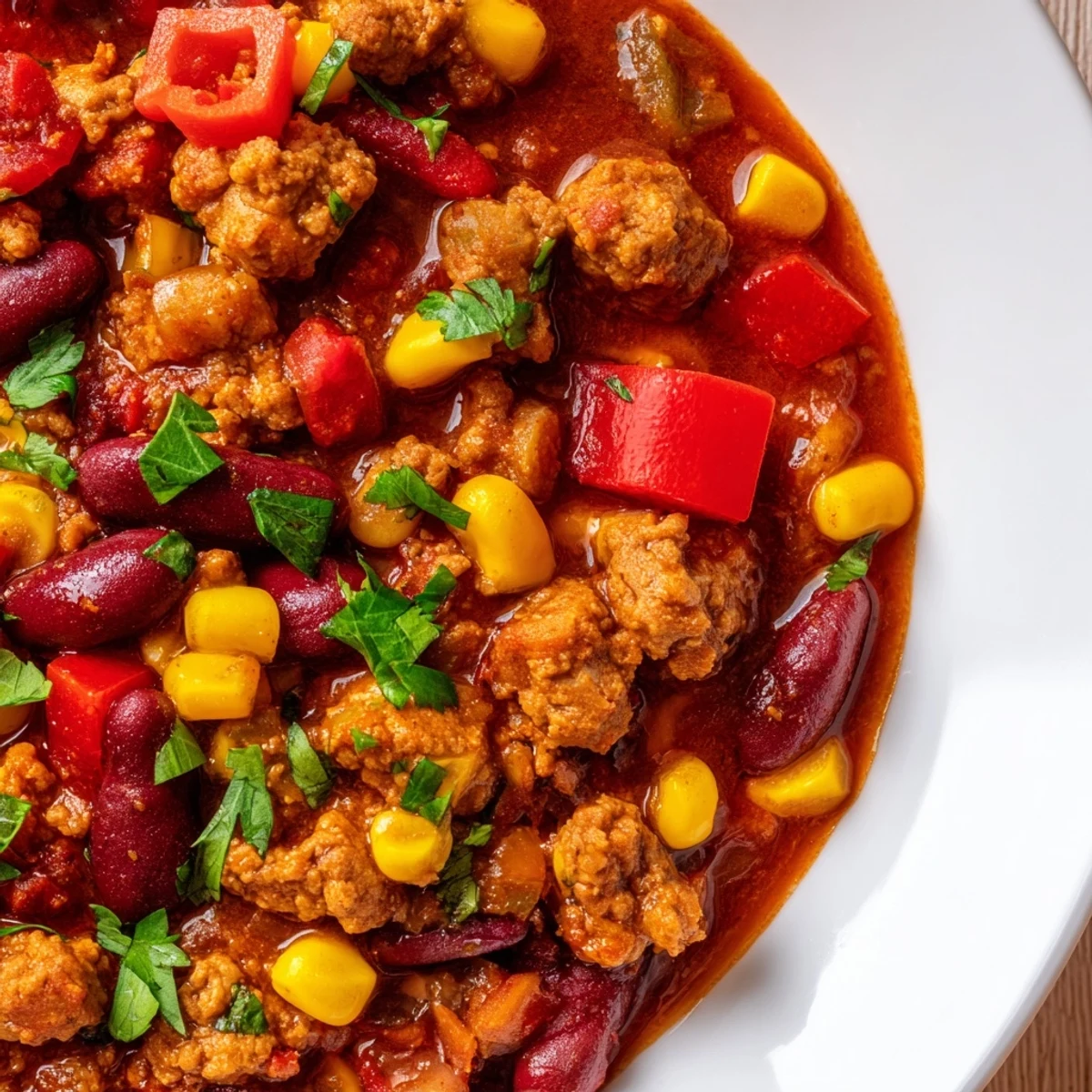 Spoon scoops up hearty Turkey Chili with Kidney Beans and Corn over rice.