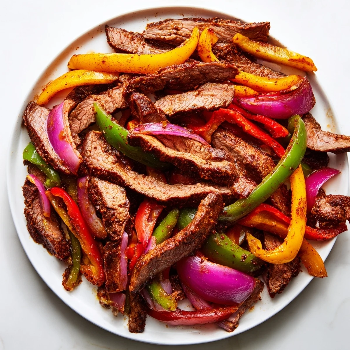 Fajitas sizzling on a sheet pan, featuring tender beef strips alongside charred red and yellow peppers.