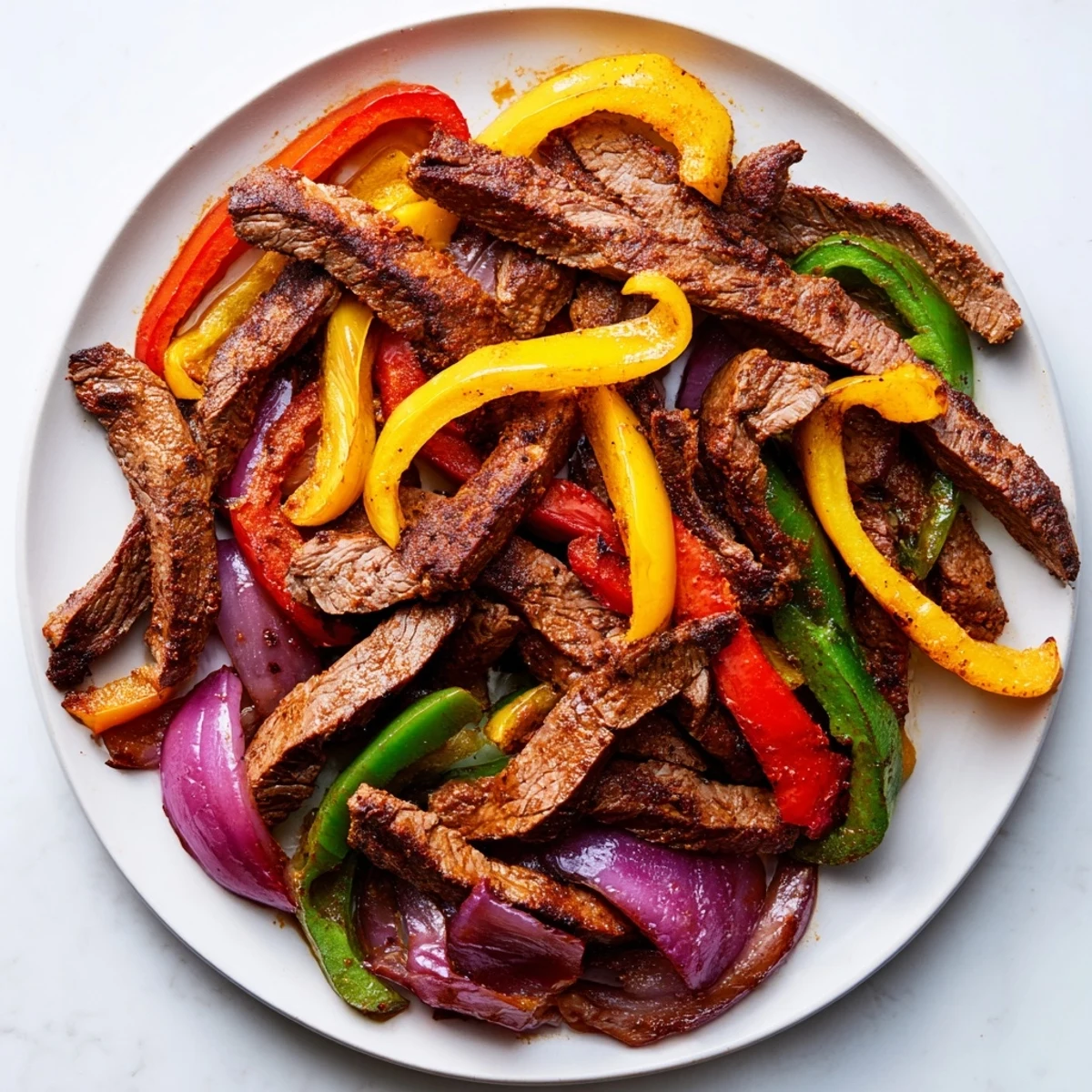 Golden-brown Sheet Pan Steak Fajitas with Bell Peppers are roasted with onions and served with warm tortillas.
