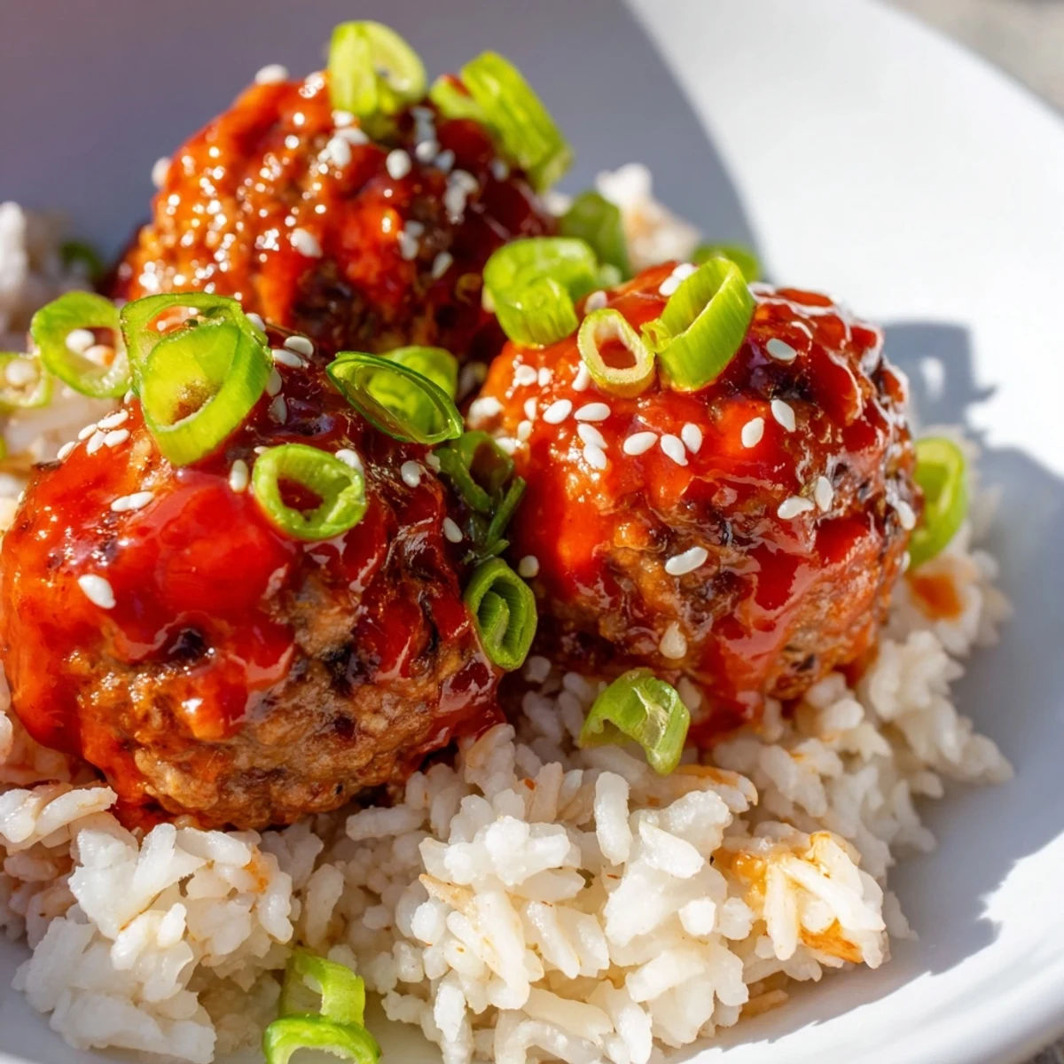 Perfectly baked Spicy Sriracha Beef Meatballs offer a bold kick, served over a bed of steamed rice ready for a quick dinner.