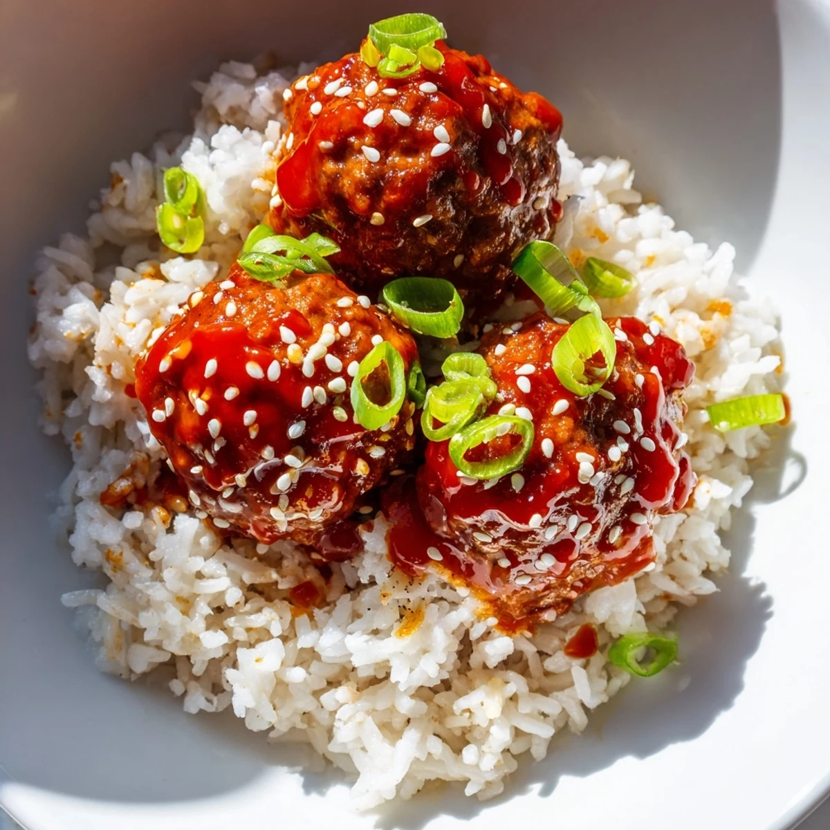 Golden-brown Spicy Sriracha Beef Meatballs coated in a sweet and spicy glaze, garnished with sesame seeds over a hearty serving of rice.