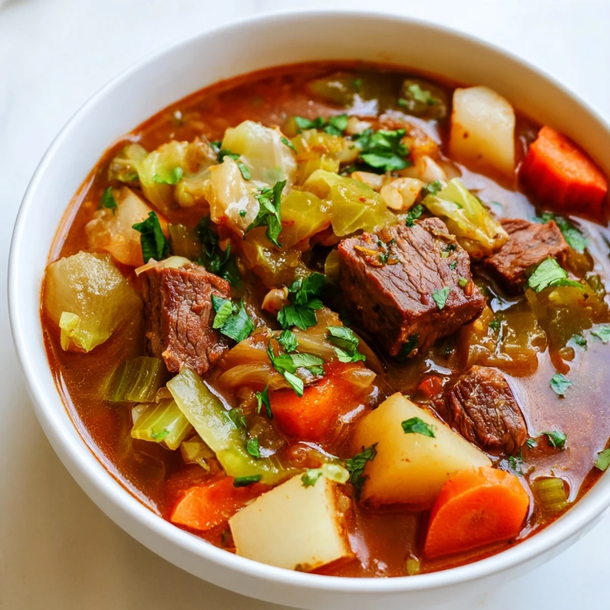 Festive St. Patricks Day Cabbage and Beef Soup steaming in a rustic bowl, garnished with fresh parsley and lemon.