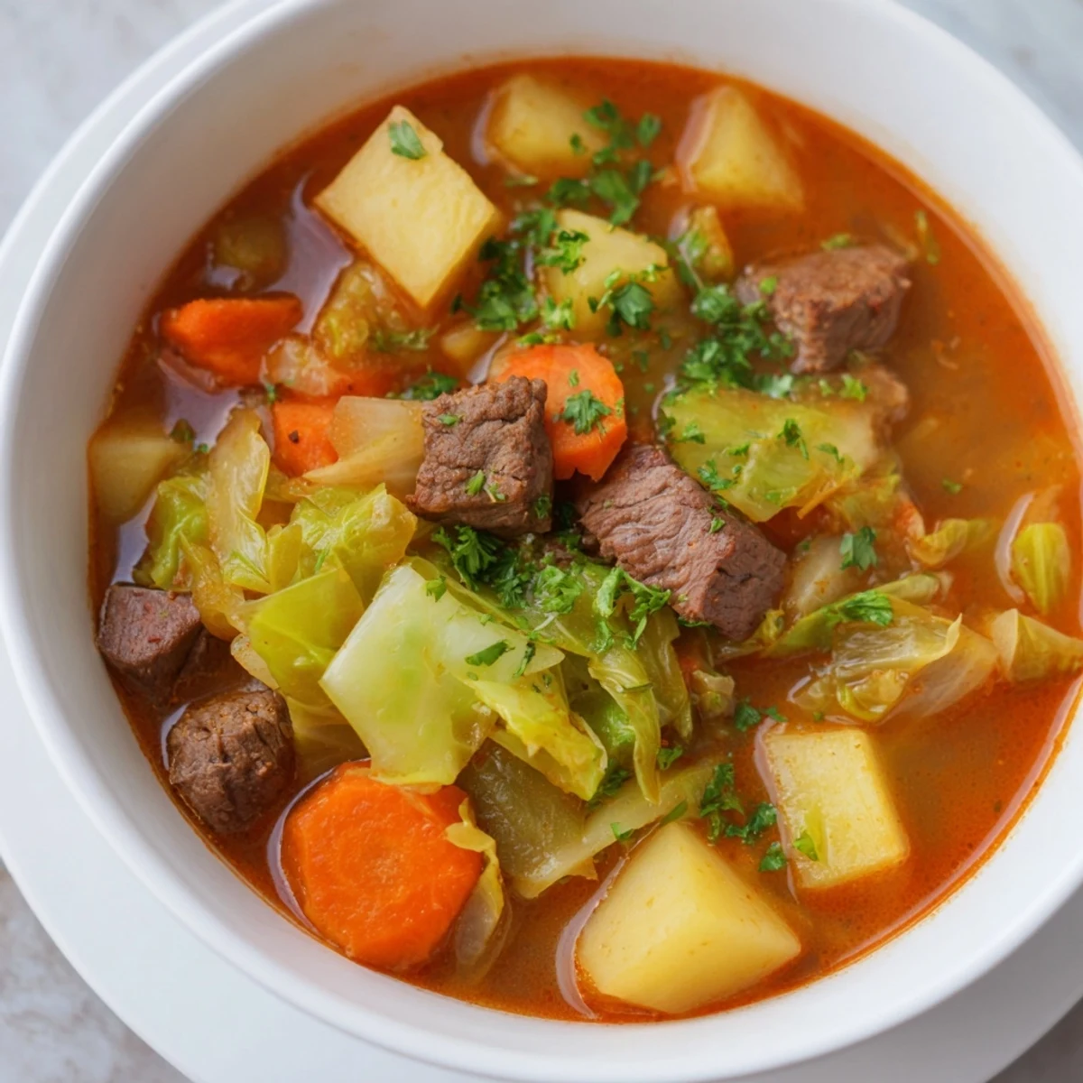 A close-up of hearty St. Patricks Day Cabbage and Beef Soup, showcasing tender beef chunks and vibrant green cabbage in broth.