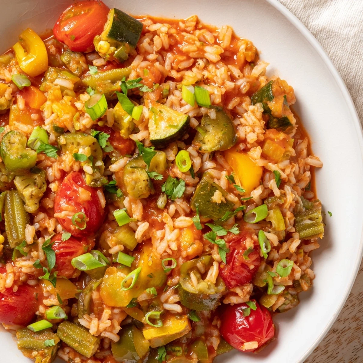A steaming pot of Mardi Gras Veggie Jambalaya filled with bell peppers, okra, and rice, perfect for a festive vegan dinner.