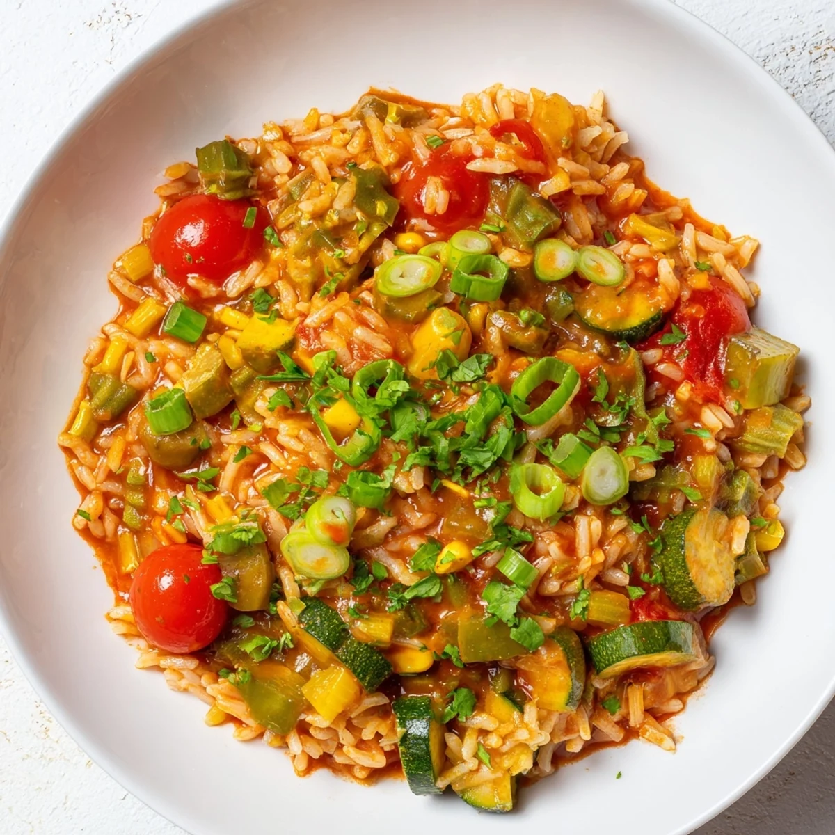 Close-up of Mardi Gras Veggie Jambalaya in a white bowl, garnished with fresh parsley and green onions for a pop of color.