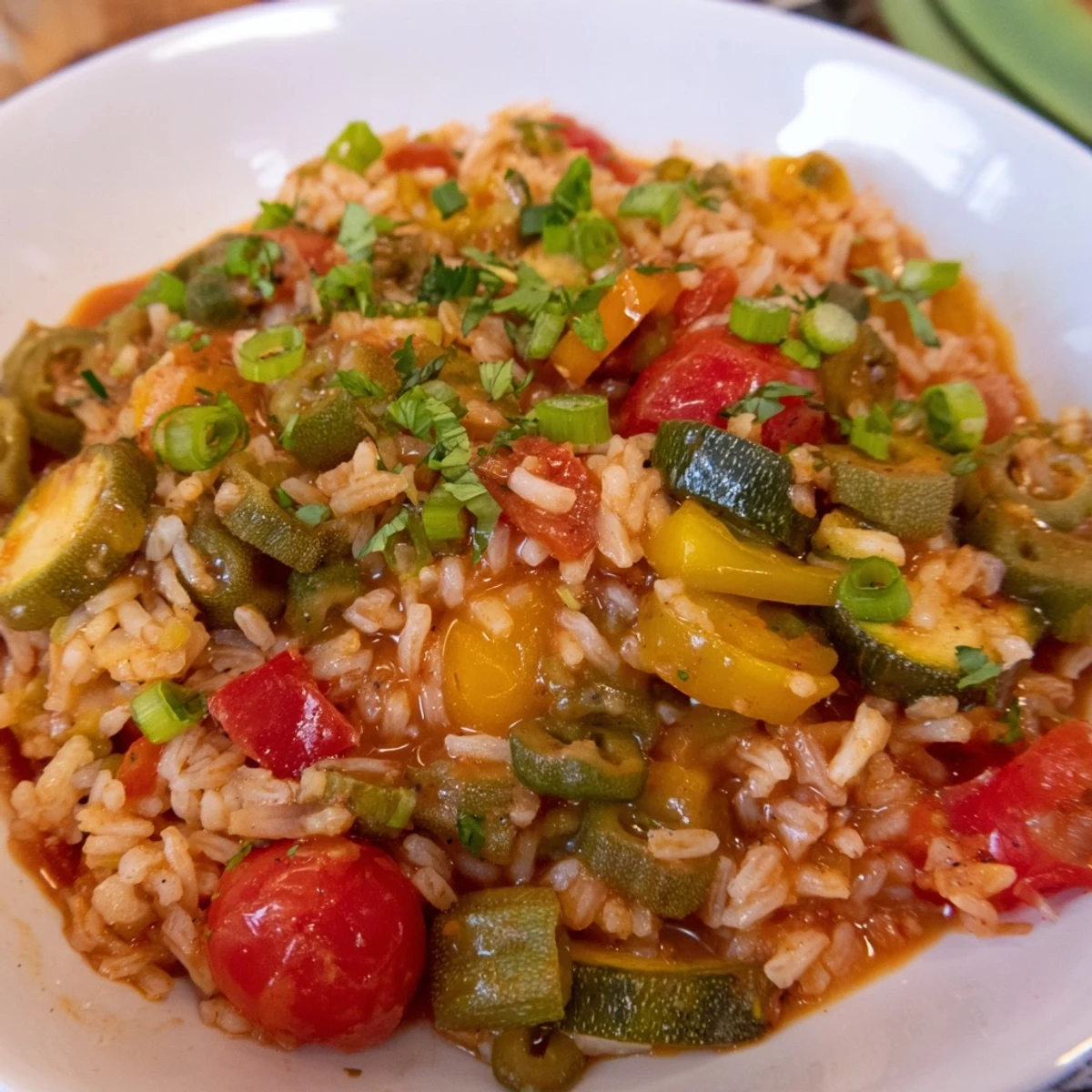 A vibrant skillet of Mardi Gras Veggie Jambalaya paired with crusty bread and a dash of hot sauce on the side.