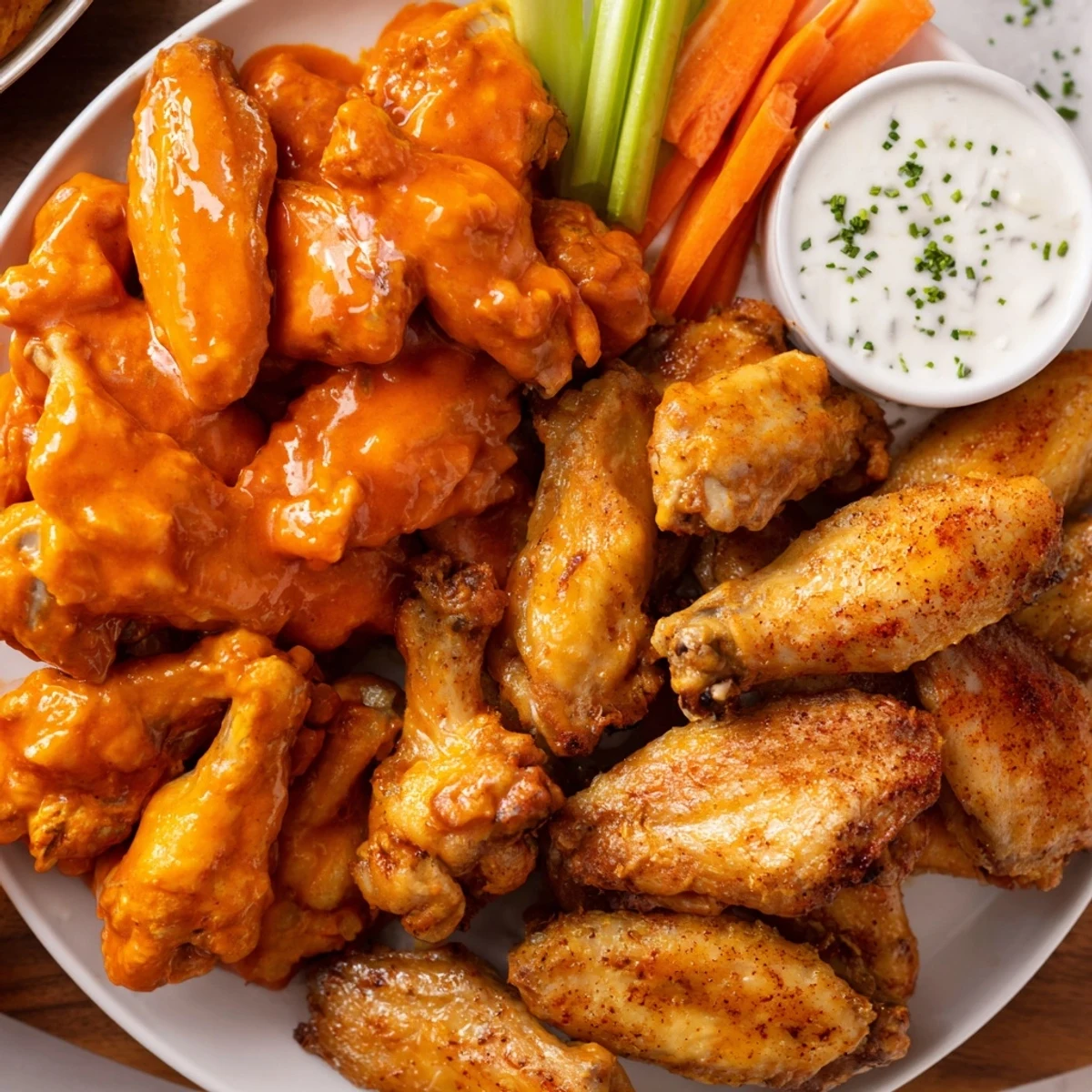 Golden, extra-crispy Big Game Wing Platter with Sauces and fresh celery sticks ready for a game day feast.