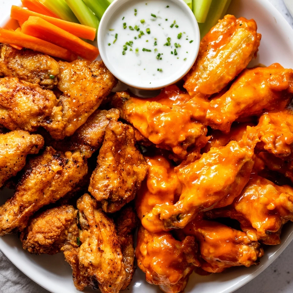 A large platter of Big Game Wing Platter with Sauces featuring Buffalo, honey BBQ, and ranch for dipping.