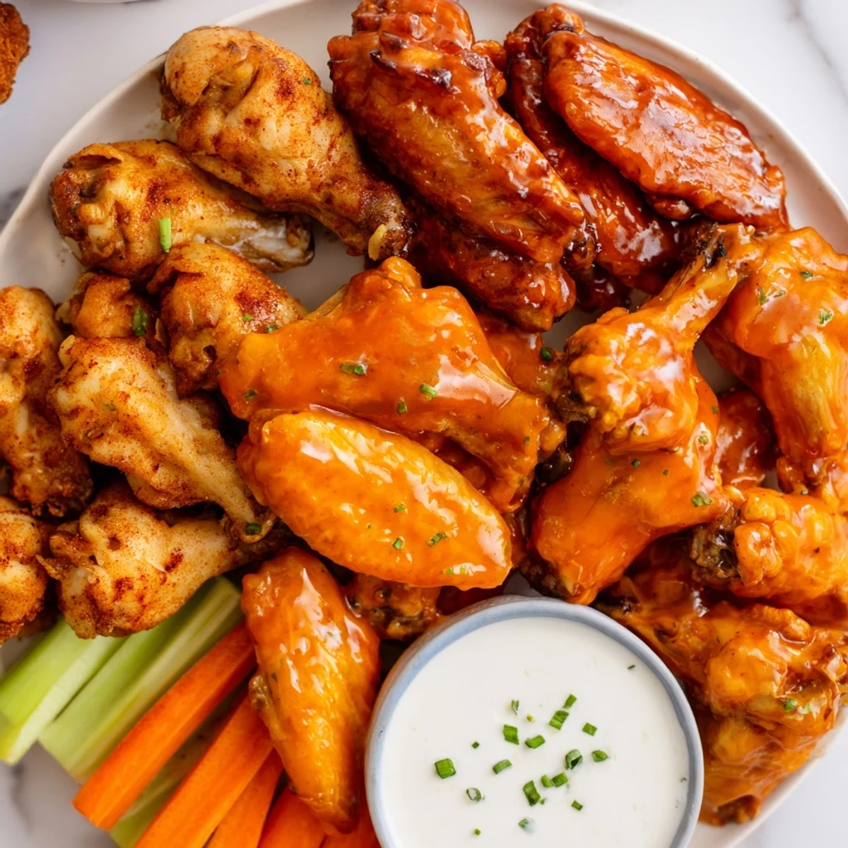 Juicy Big Game Wing Platter with Sauces served hot on a platter with blue cheese and crunchy carrots.