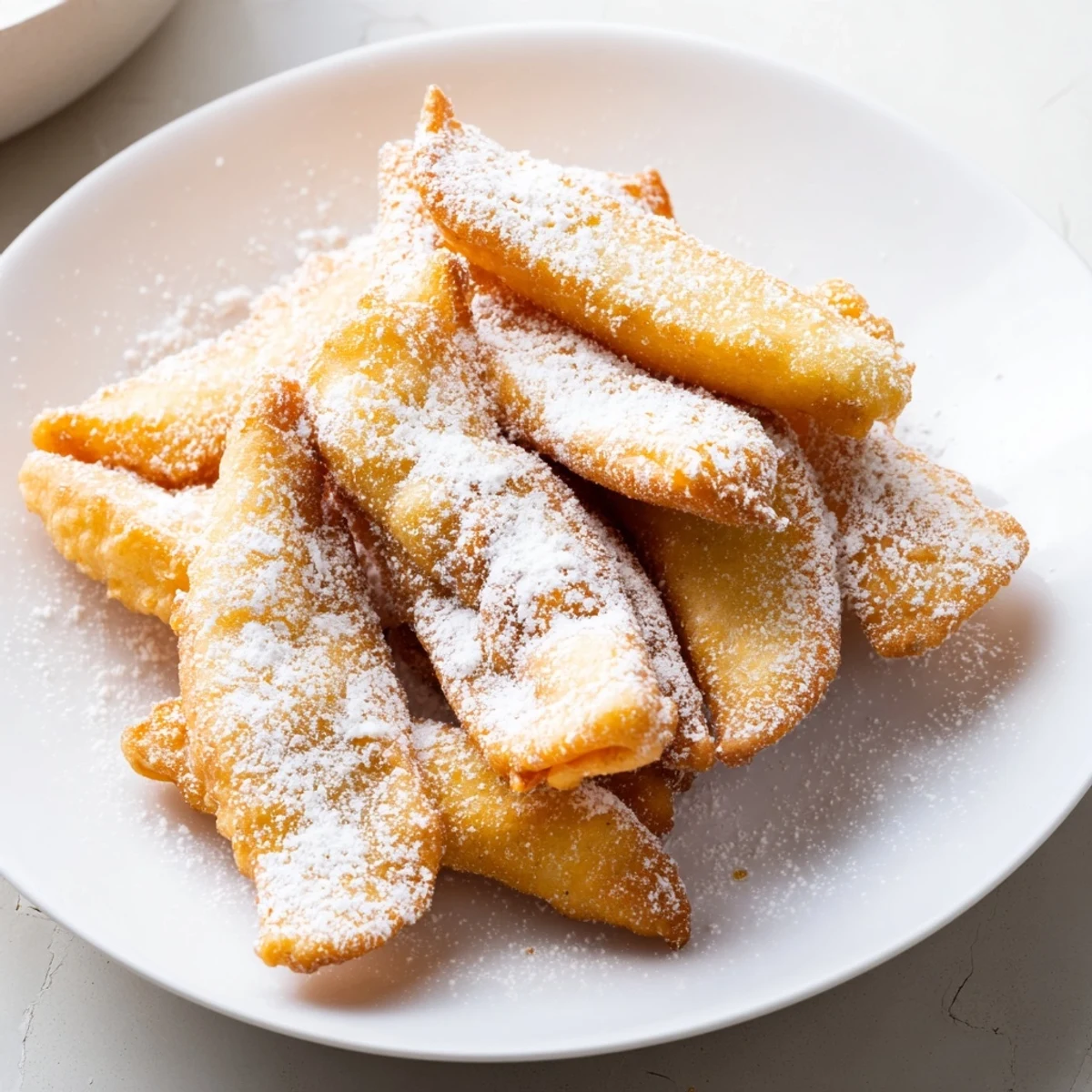 Golden, crispy New Orleans Beignet Fries with powdered sugar piled high on a white plate.