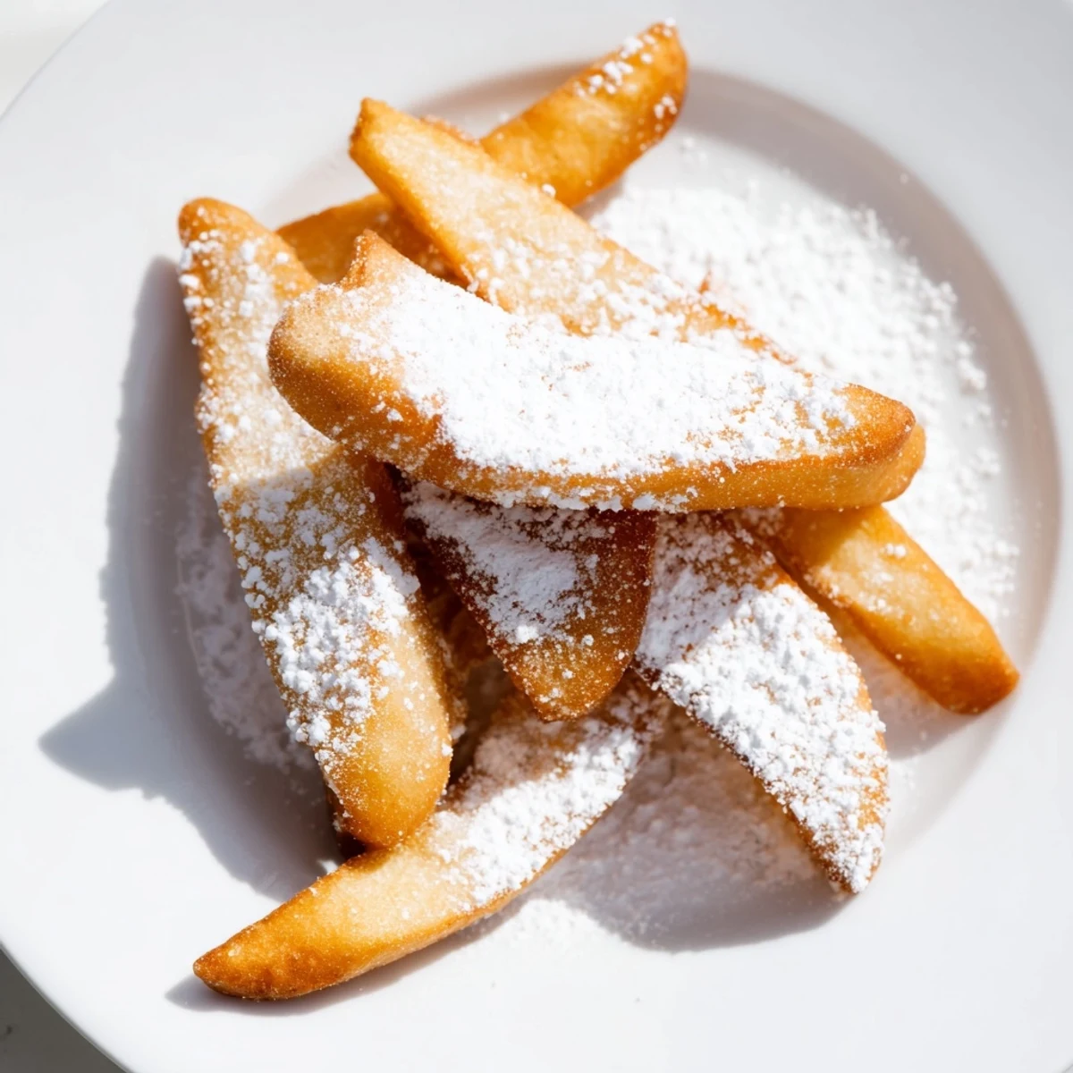 Warm New Orleans Beignet Fries dusted in powdered sugar beside a steaming cup of coffee.