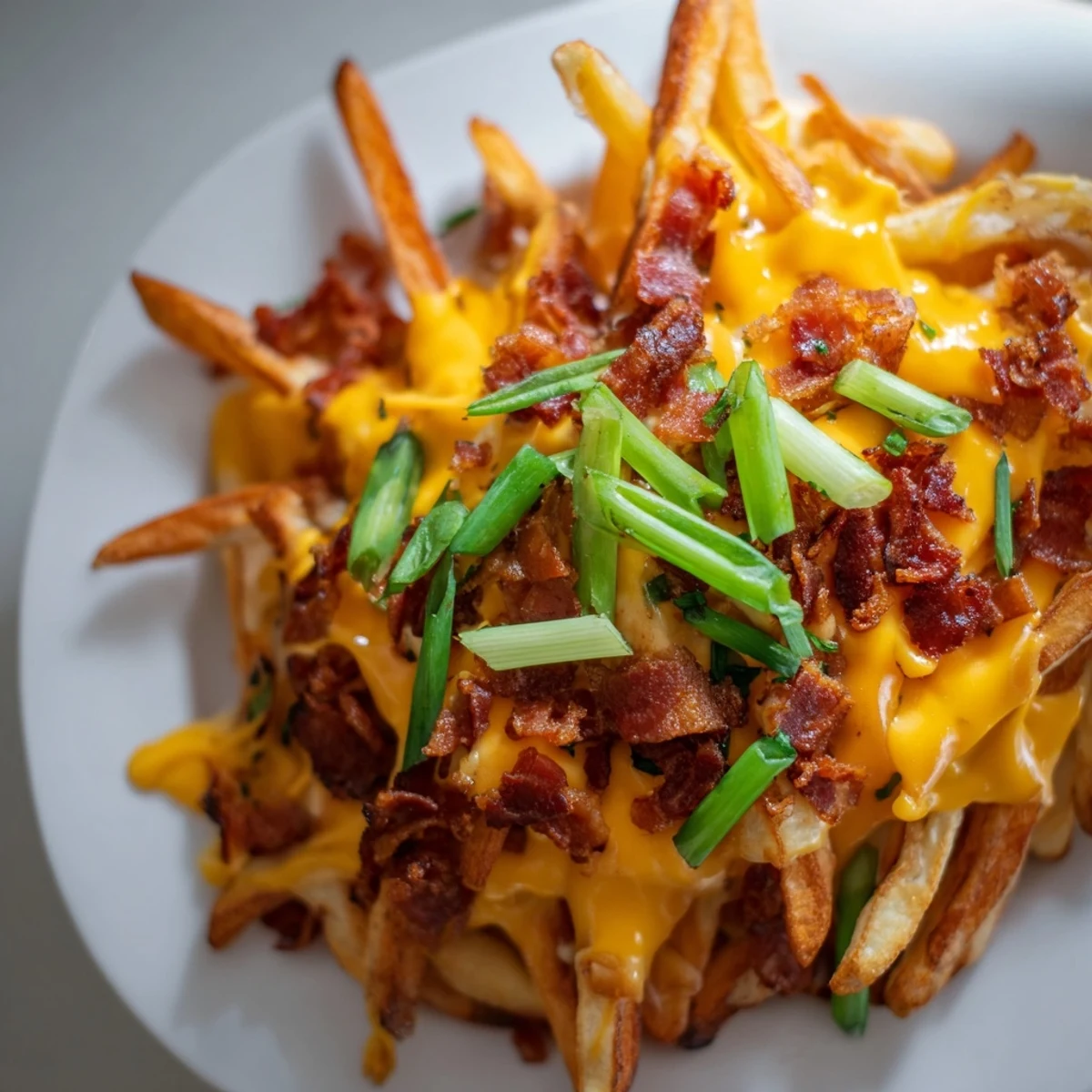 Heaping platter of Super Bowl Cheese Fries topped with savory beef bacon, gooey cheddar, and fresh jalapeños.