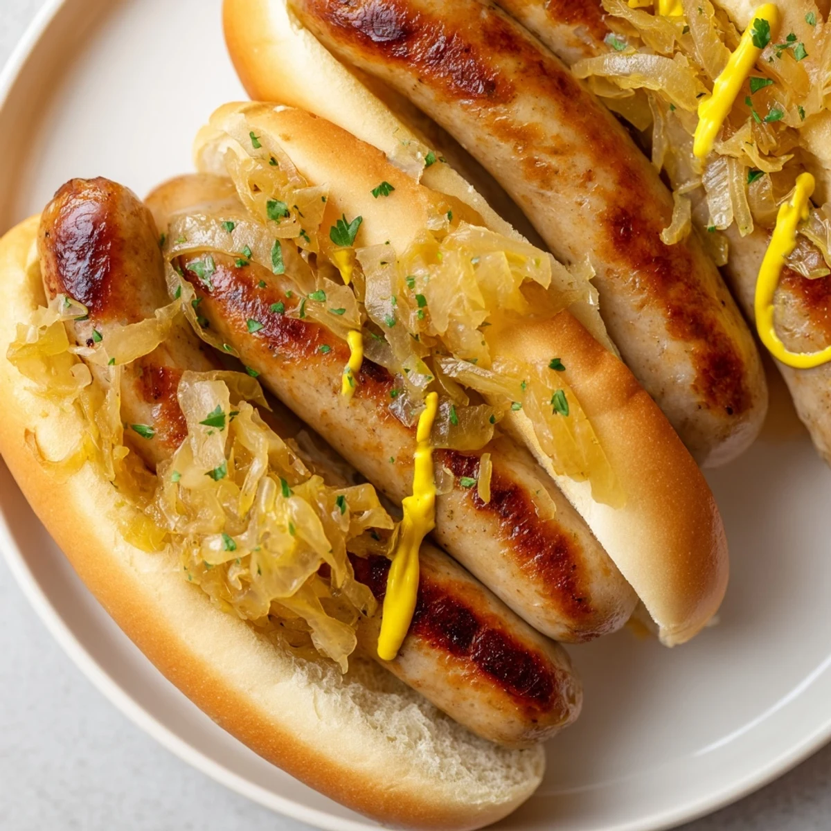 Juicy bratwurst topped with tangy sauerkraut and mustard on a soft roll for tailgating.