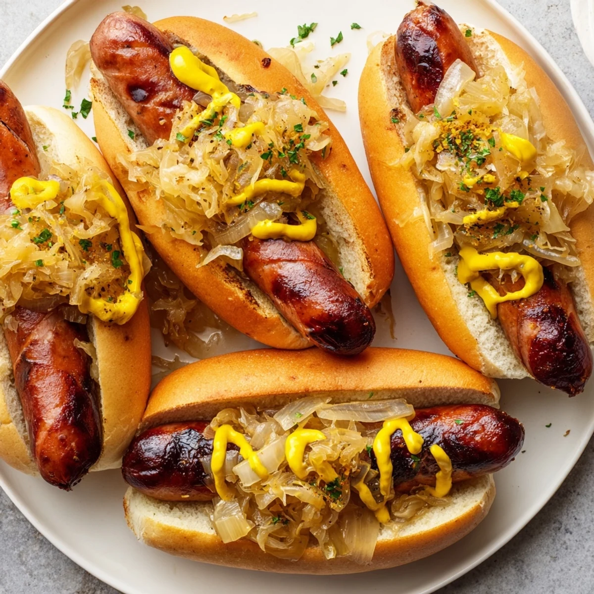 Grilled halal Tailgate Bratwurst with Sauerkraut nestled in a toasted bun, ready for game day.