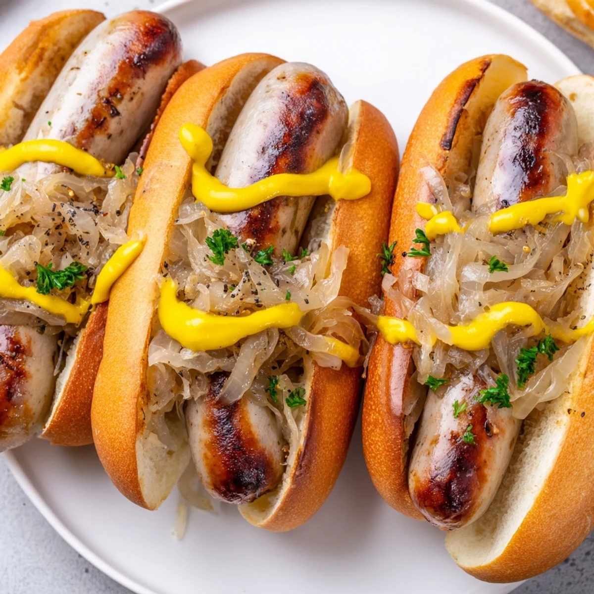 Hearty Tailgate Bratwurst with Sauerkraut served hot with pickles and parsley on a sunny picnic table.
