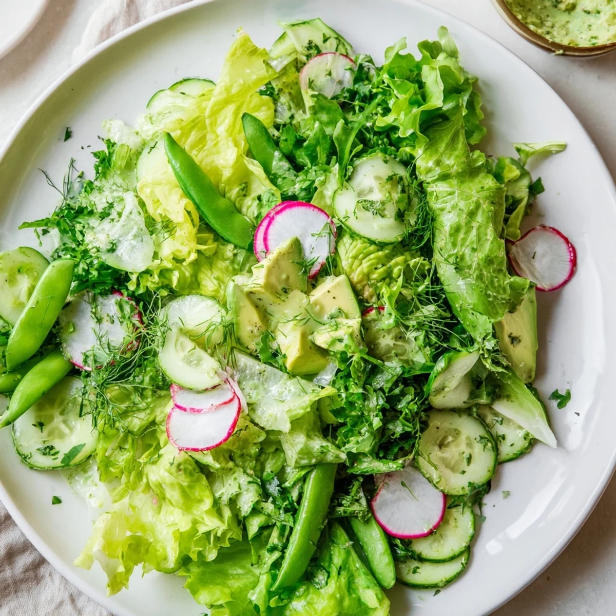Crisp romaine and cucumber tossed in herby Green Goddess dressing, with sliced avocado and radishes for a refreshing bite.