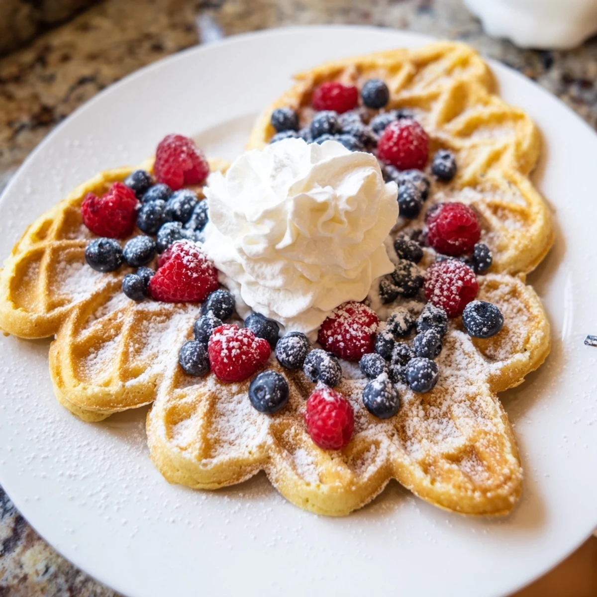 Dusted with powdered sugar, these Sweetheart Heart Shaped Waffles pair perfectly with a dollop of whipped cream.