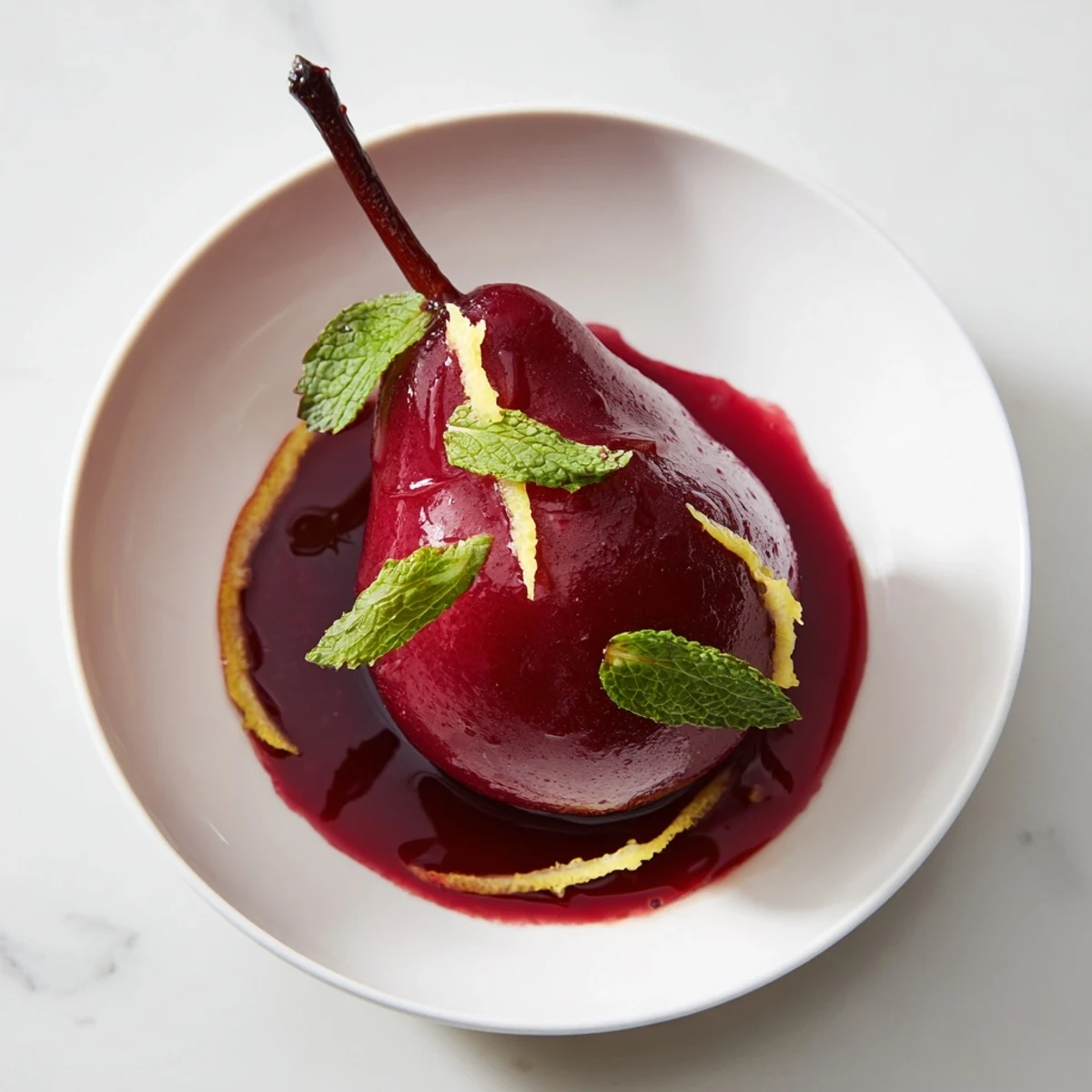 Four whole Romantic Poached Pears simmer gently in a spiced grape juice reduction on a white plate.