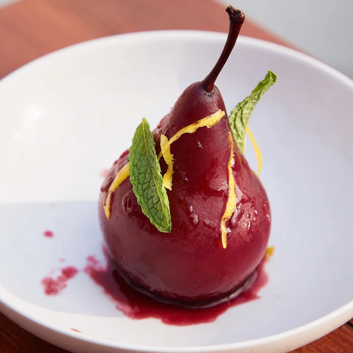 Elegant Romantic Poached Pears garnished with fresh mint and a glossy grape juice syrup in candlelight.