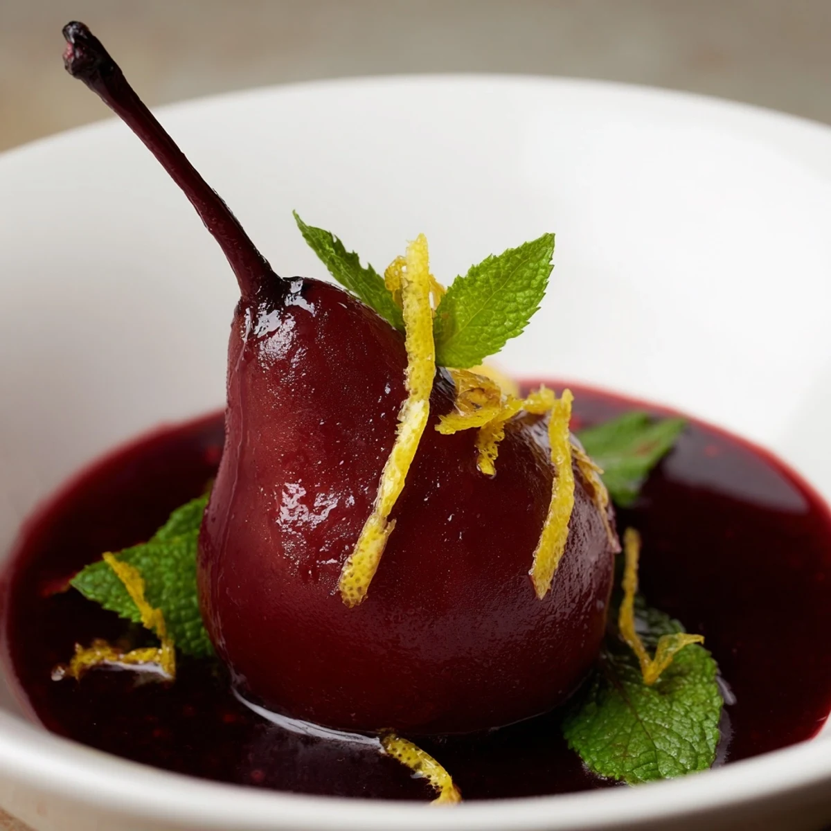 Warm Romantic Poached Pears served with a scoop of vanilla ice cream melting into the sweet syrup.