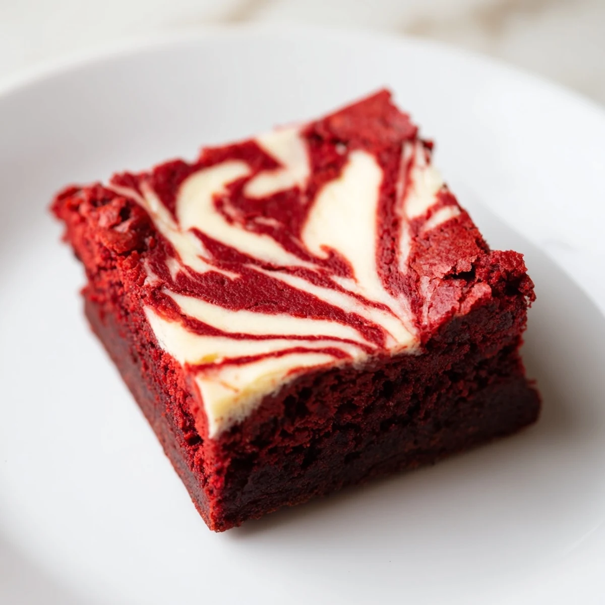 Decadent Red Velvet Brownies with Cheesecake Swirl are served warm on a rustic white plate.
