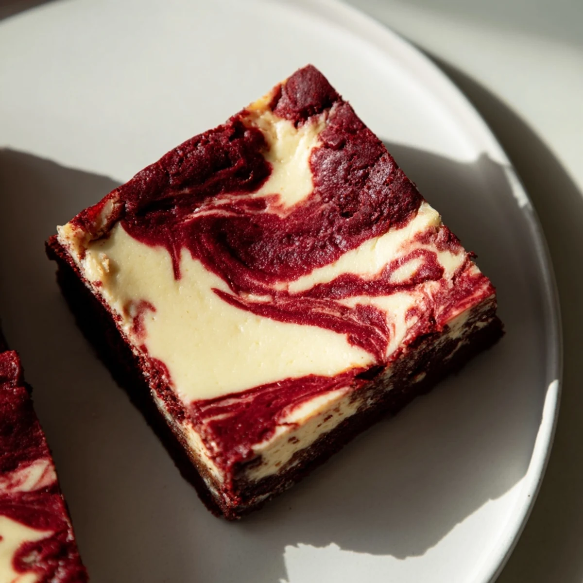 Sliced Red Velvet Brownies with Cheesecake Swirl reveal rich cocoa layers beside creamy vanilla cheesecake.