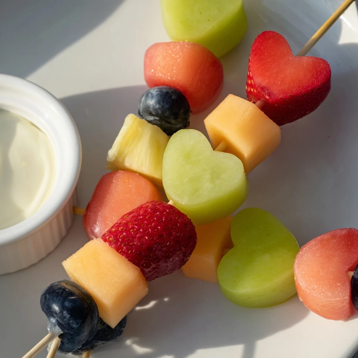 Freshly made Sweetheart Fruit Skewers with Yogurt Dip served chilled with honey and lemon.