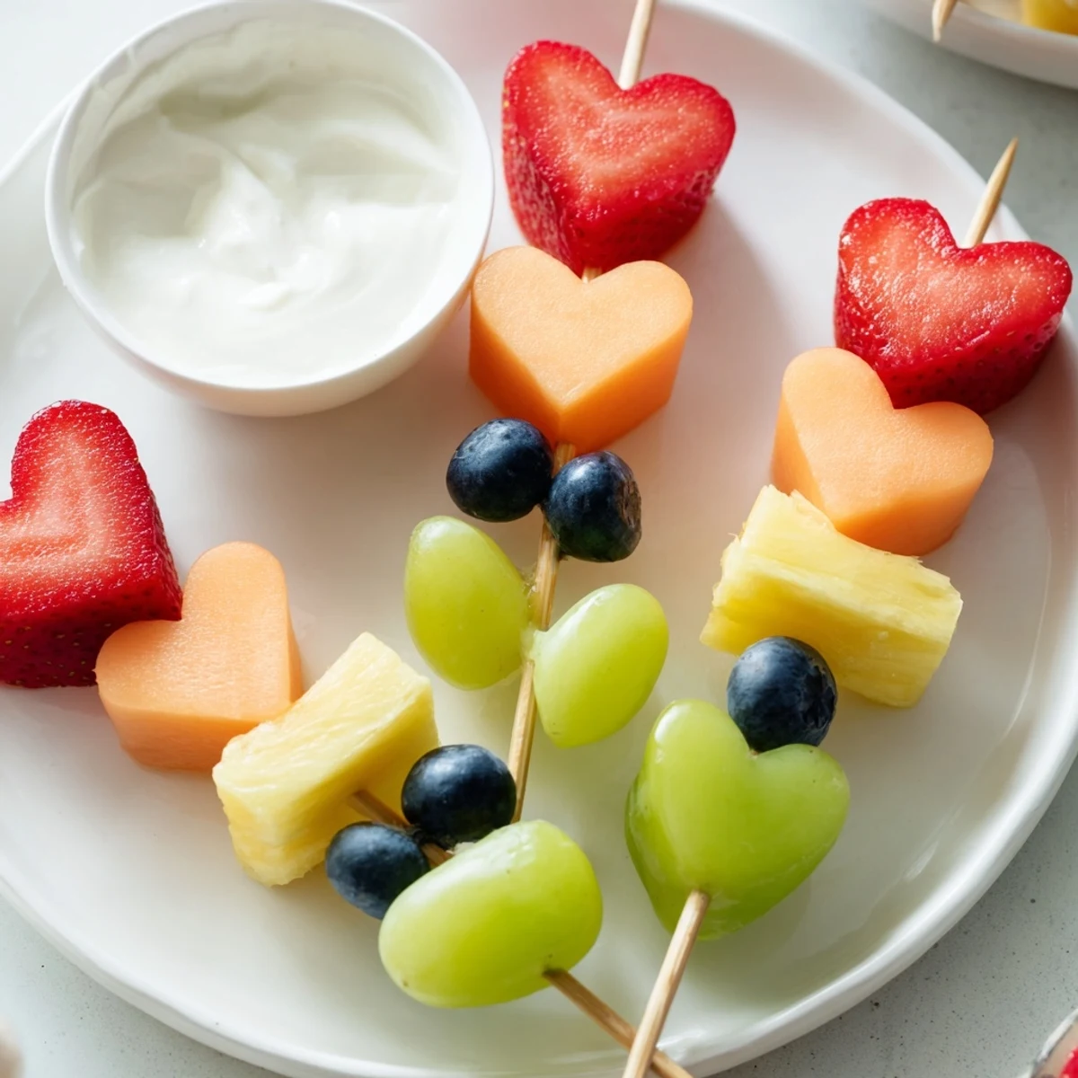 A close-up of Sweetheart Fruit Skewers with Yogurt Dip highlighting vibrant melon and berry hearts.