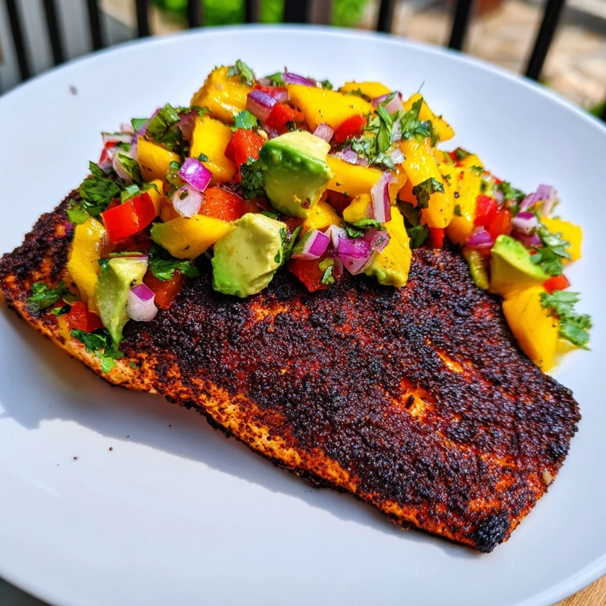 Freshly cooked Blackened Salmon with Mango Avocado Salsa on a white plate, featuring a spicy charred crust and vibrant diced fruit.