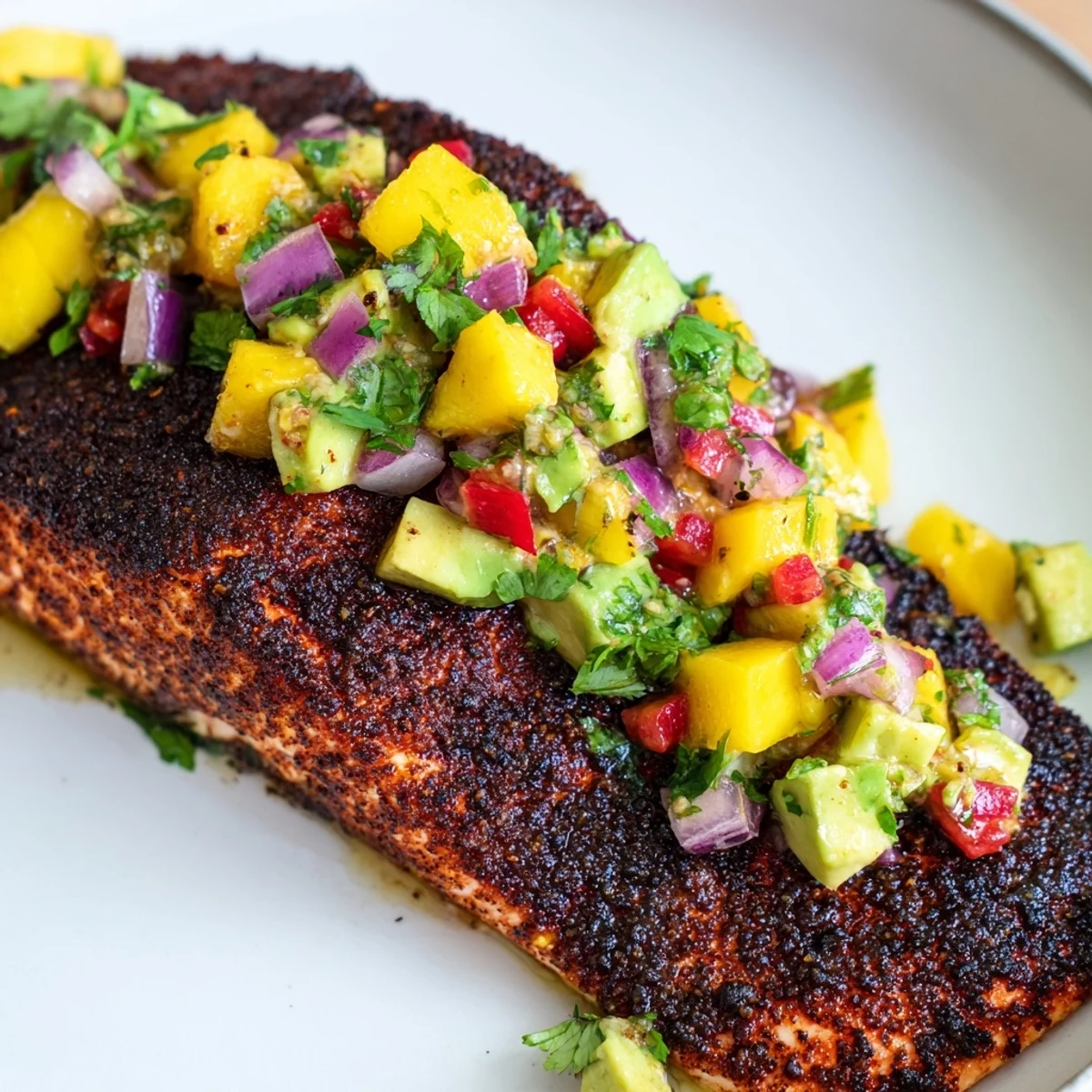 Topping the hot Blackened Salmon with Mango Avocado Salsa, mixing diced creamy avocado, sweet mango, and zesty red onion.