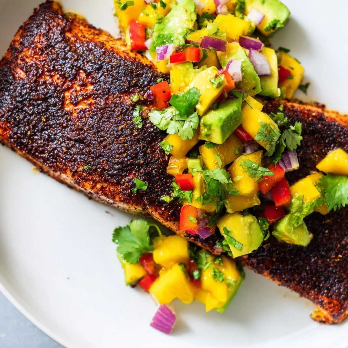 Plated Blackened Salmon with Mango Avocado Salsa garnished with lime wedges and cilantro, served alongside fluffy white rice.