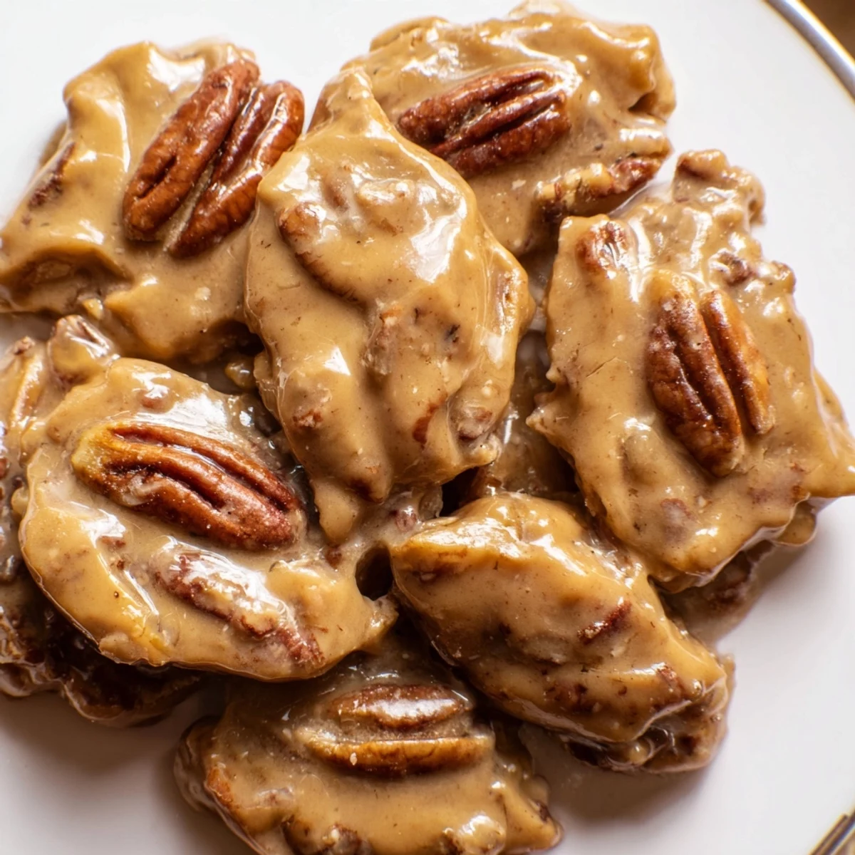 Spoon dropping warm Mardi Gras Pecan Pralines onto a baking sheet, capturing the gooey texture.