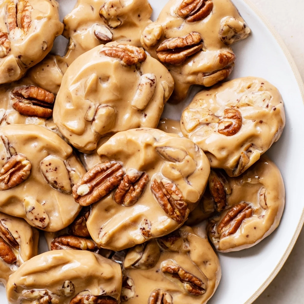Two golden Mardi Gras Pecan Pralines resting on a ceramic plate next to strong coffee.