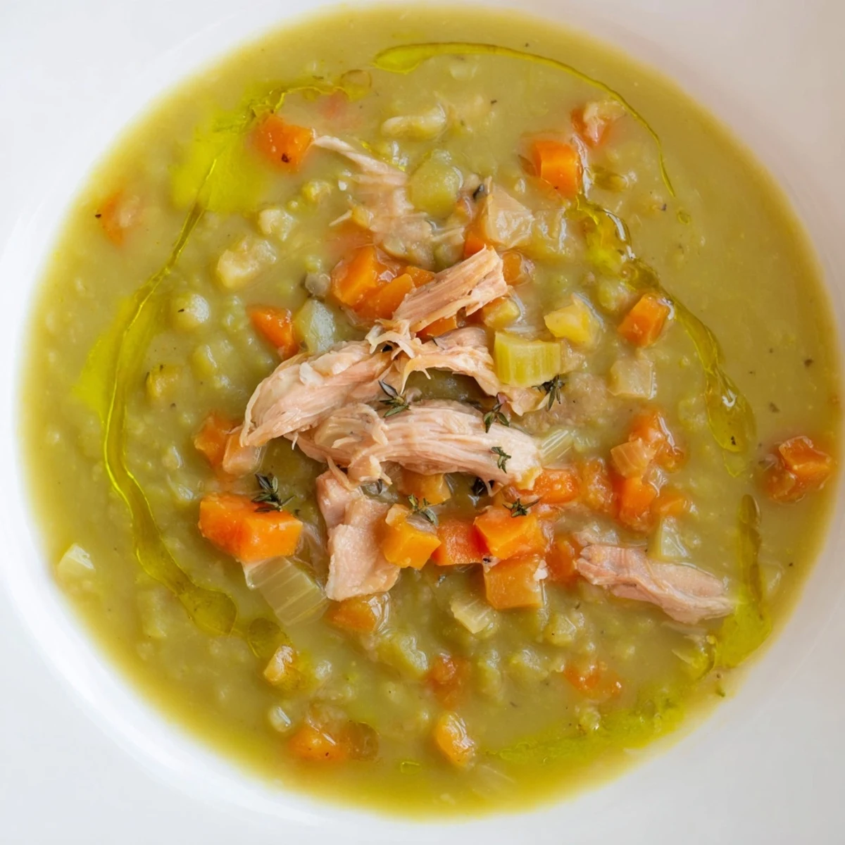 A ladleful of Green Split Pea Soup with Smoked Turkey reveals tender shredded turkey and green peas in a thick broth.