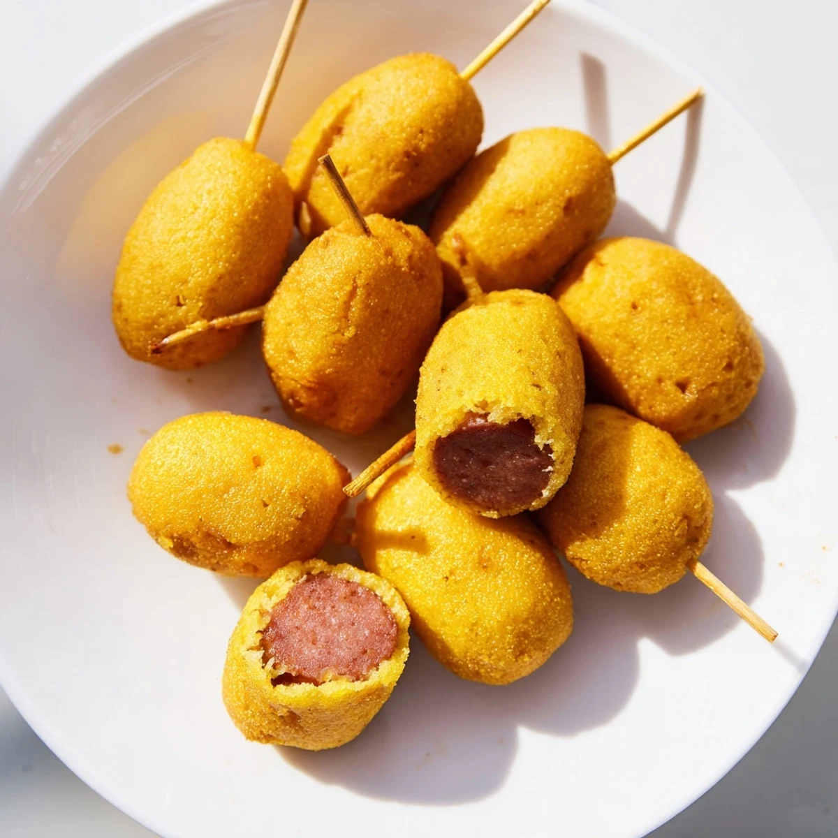 Homemade Mini Corn Dogs with Beef Franks, coated in golden cornmeal batter, ready to dip in tangy sauce.
