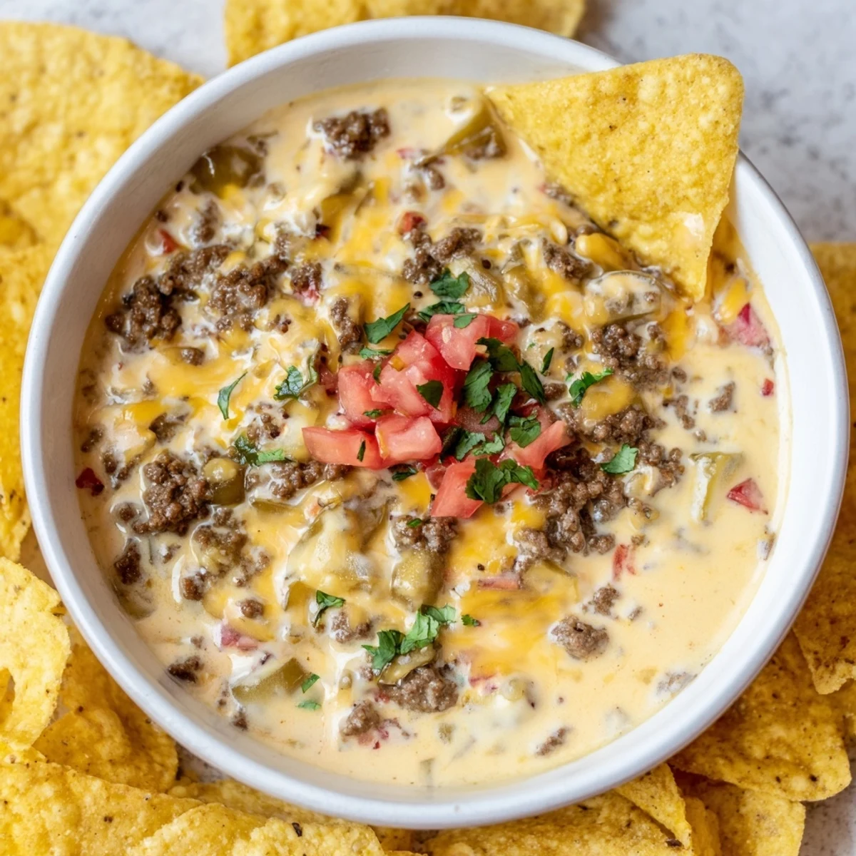 A close look at creamy Beef Queso Dip showing seasoned ground beef and melted cheese, with diced tomatoes on top.