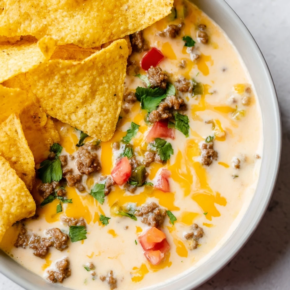 A warm bowl of Beef Queso Dip topped with cilantro, surrounded by crispy tortilla chips for dipping.