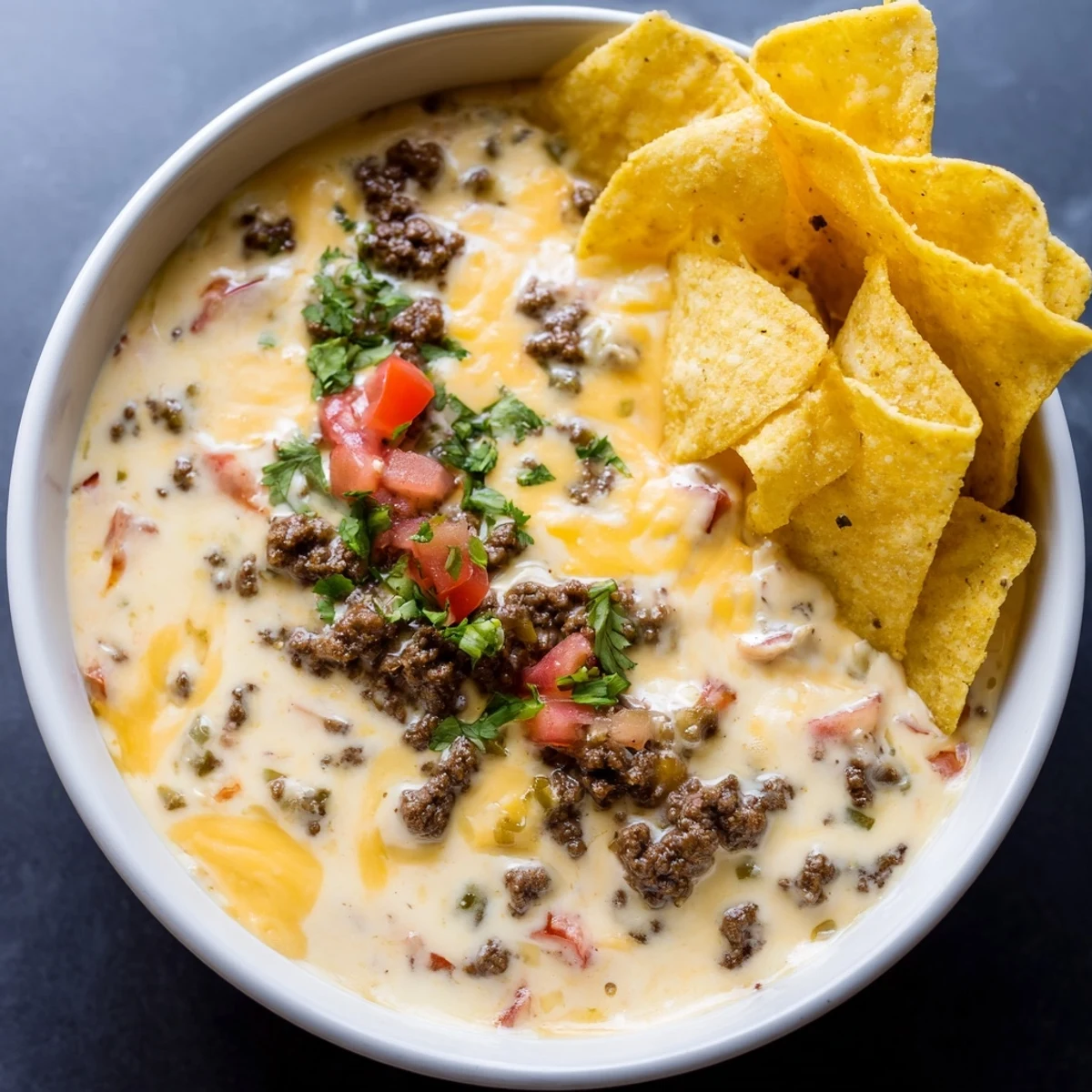 Savory Beef Queso Dip served hot, paired with golden tortilla chips and fresh jalapeños for a party appetizer.