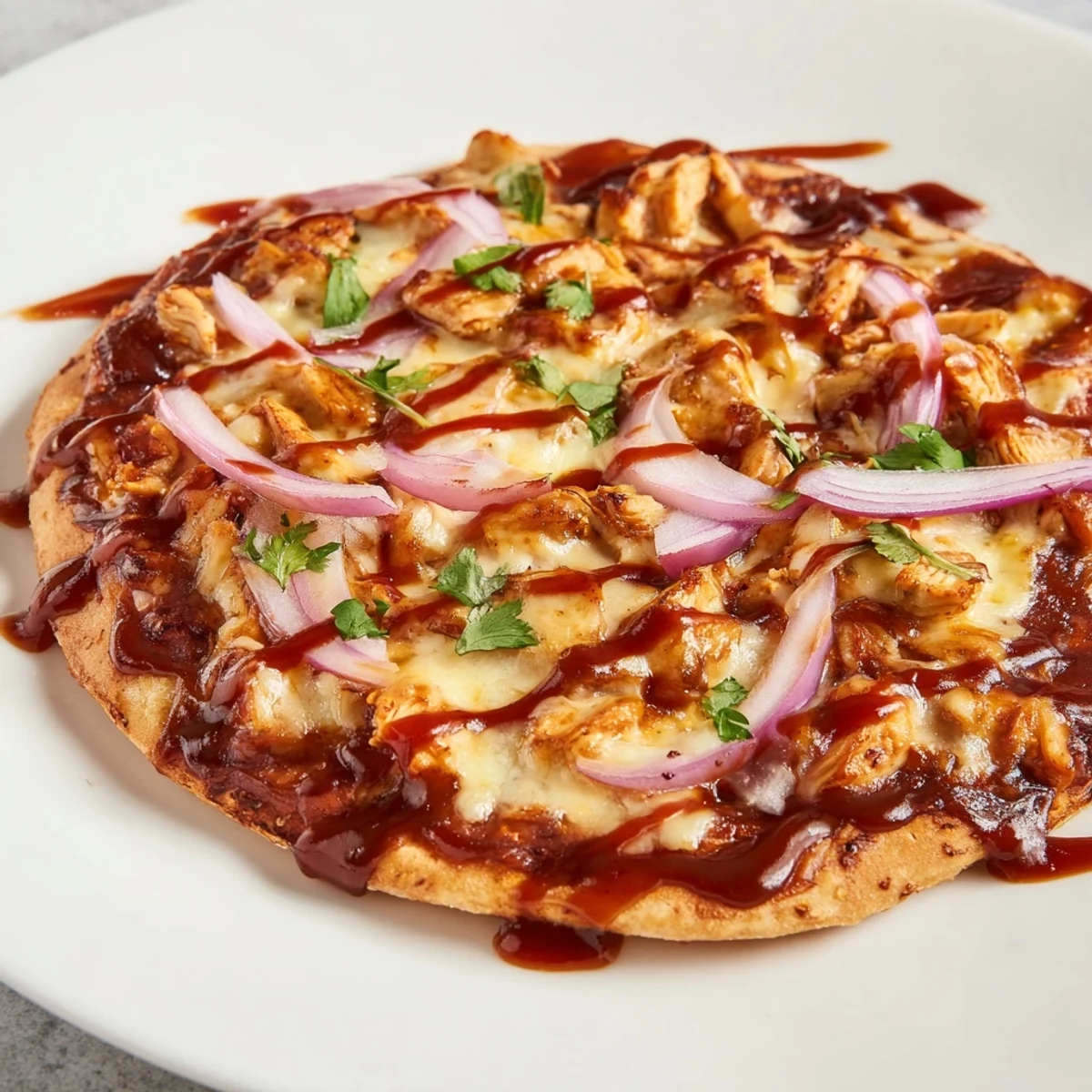 Sizzling BBQ Chicken Pizza with Red Onion on a wooden board with extra sauce drizzle and a slice lifted.