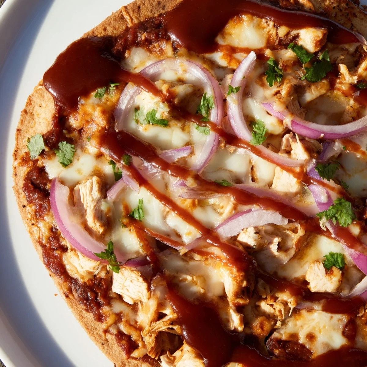 Freshly baked BBQ Chicken Pizza with Red Onion showing golden crust, bubbly smoked gouda, and cilantro garnish.