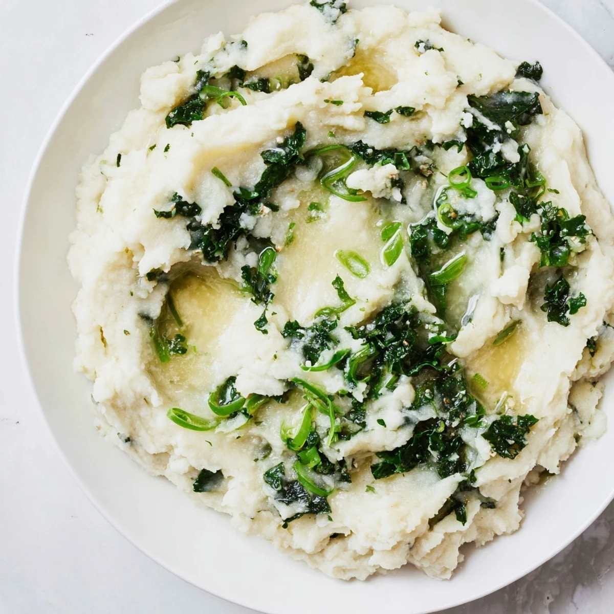 Rustic bowl of Irish Colcannon Mashed Potatoes with Kale, featuring creamy texture and vibrant greens for a festive meal.