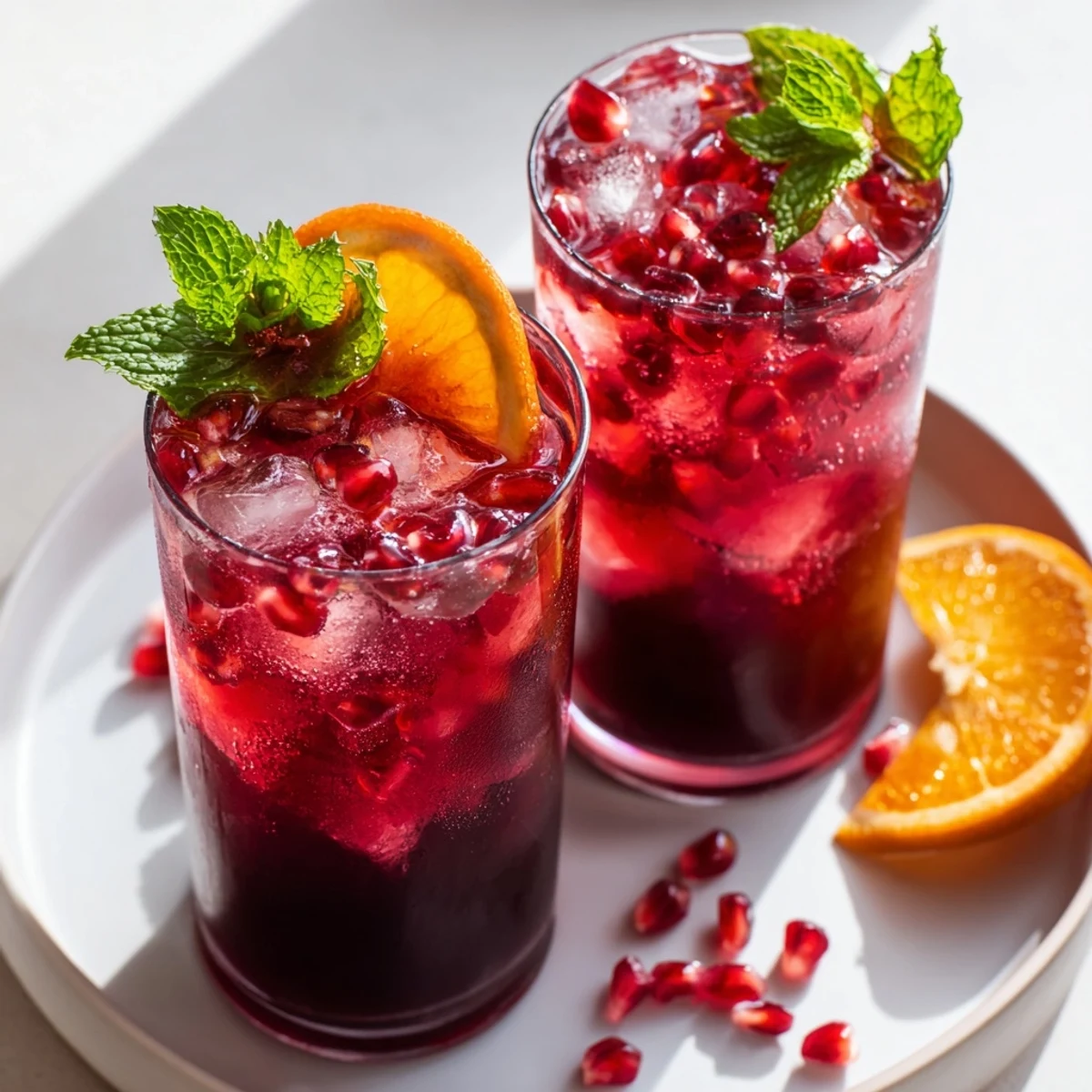 Glistening red Love Potion Pomegranate Fizz Mocktail with fresh orange slices and mint, poured over clear ice cubes in a glass.